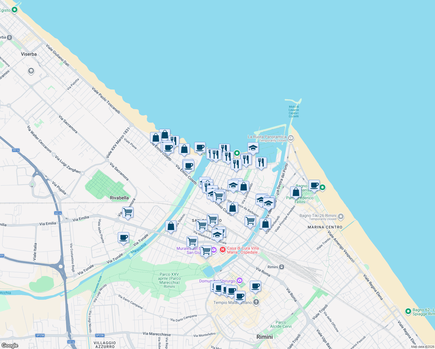 map of restaurants, bars, coffee shops, grocery stores, and more near 1-5 Via C. Nicolini in Rimini