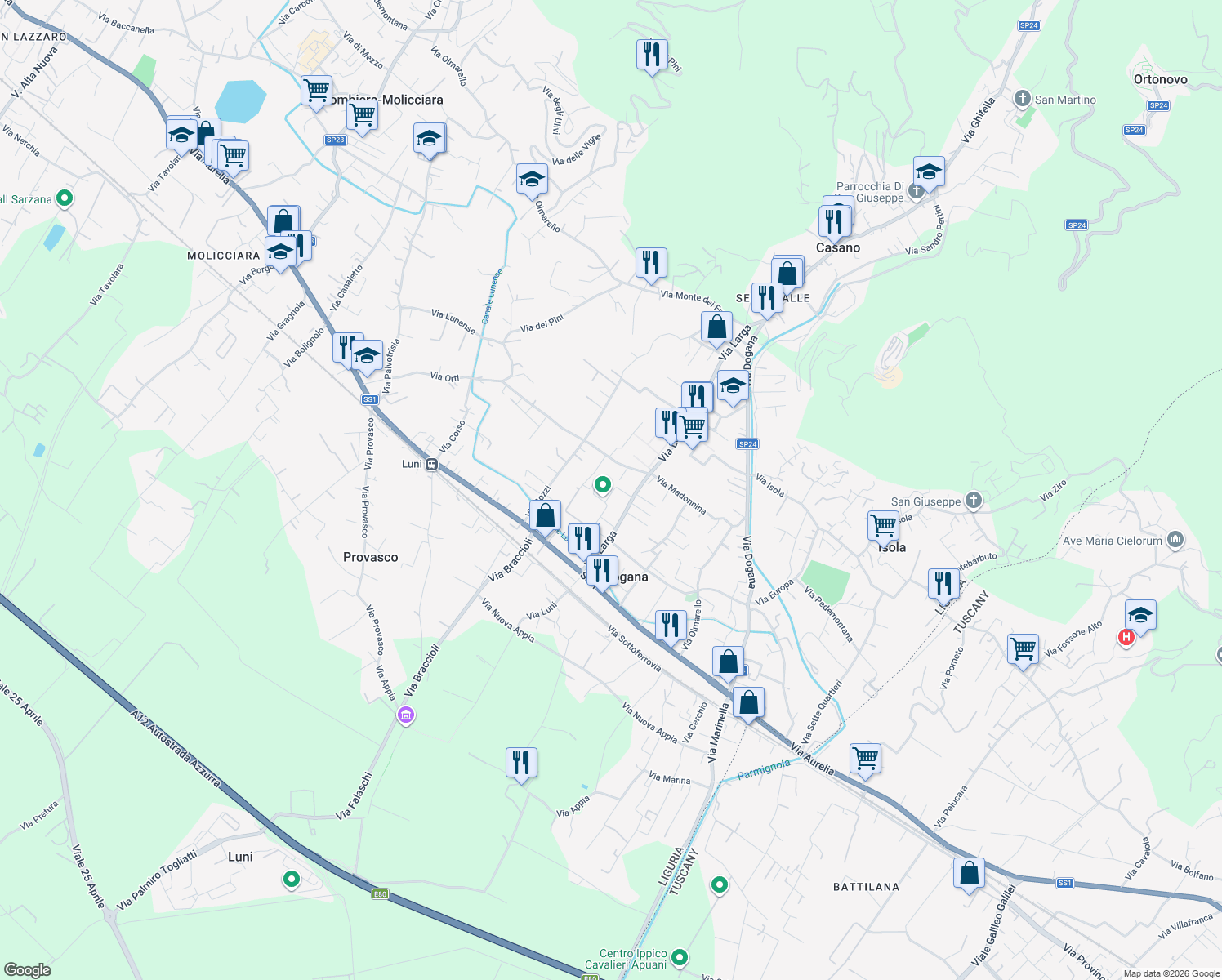 map of restaurants, bars, coffee shops, grocery stores, and more near 65 Via Madonnina in Casano