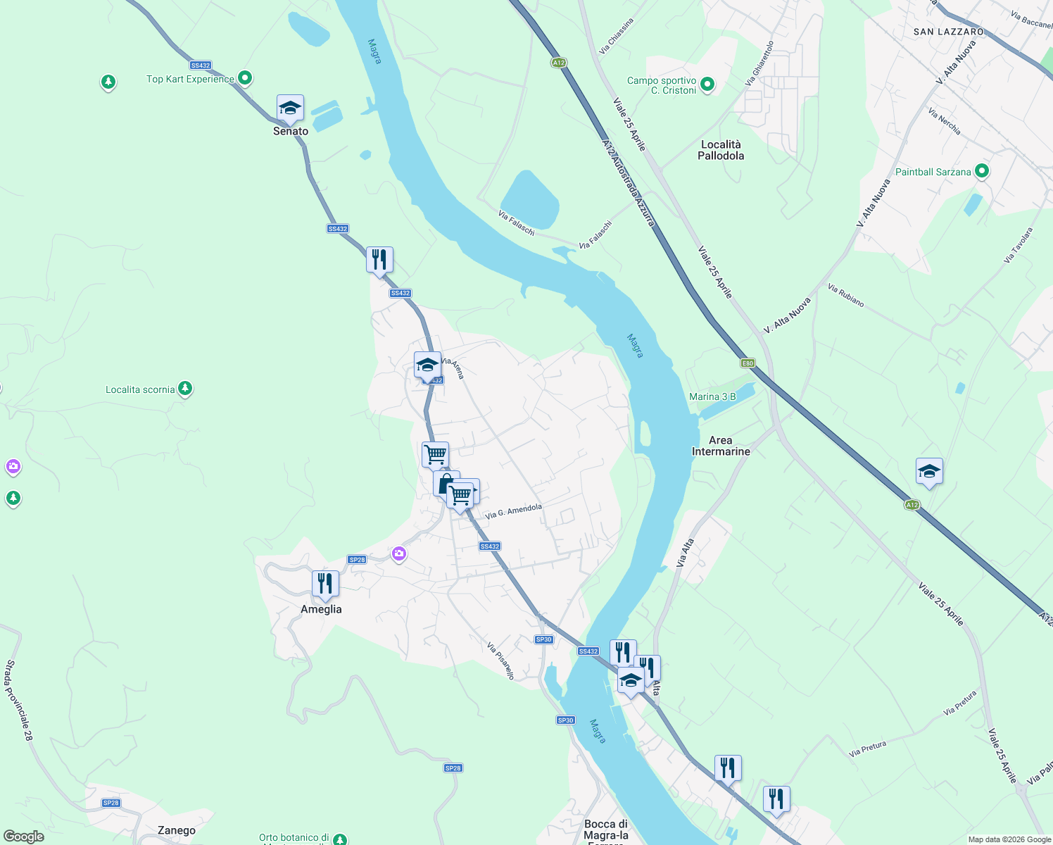 map of restaurants, bars, coffee shops, grocery stores, and more near 23 Via Crociata in Ameglia