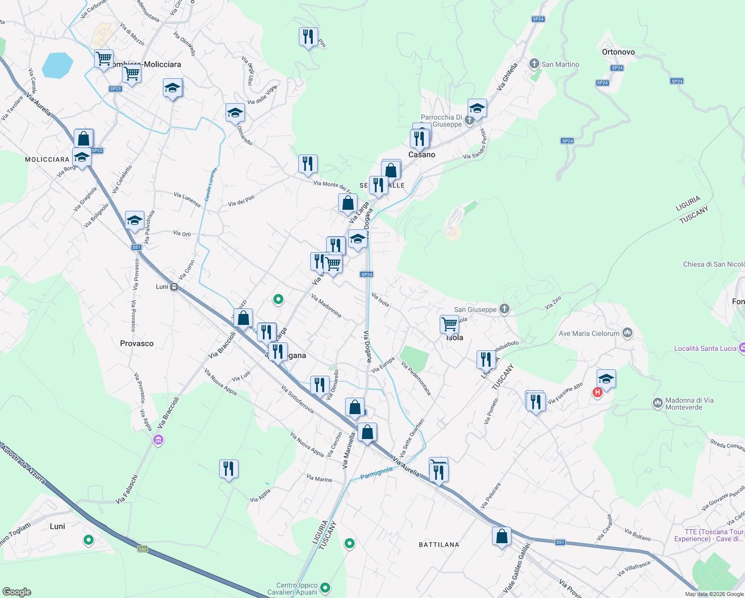 map of restaurants, bars, coffee shops, grocery stores, and more near 1 Via Isola in Casano