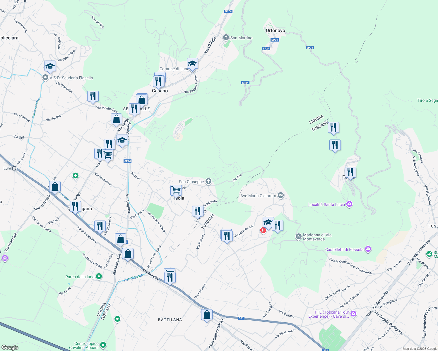 map of restaurants, bars, coffee shops, grocery stores, and more near 51 Via Isola in Isola