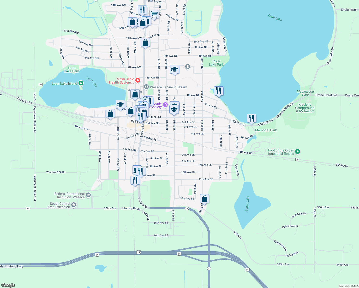map of restaurants, bars, coffee shops, grocery stores, and more near 515 6th Avenue Southeast in Waseca