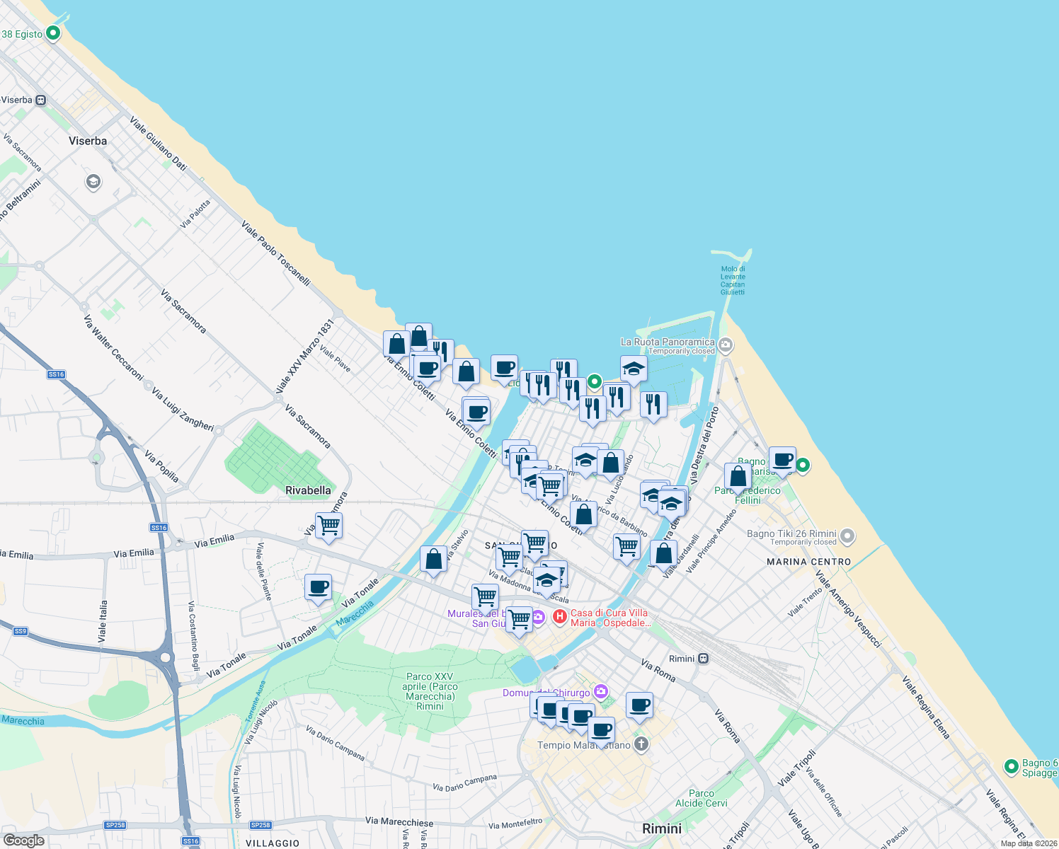 map of restaurants, bars, coffee shops, grocery stores, and more near 5 Viale Cesare Nicolini in Rimini