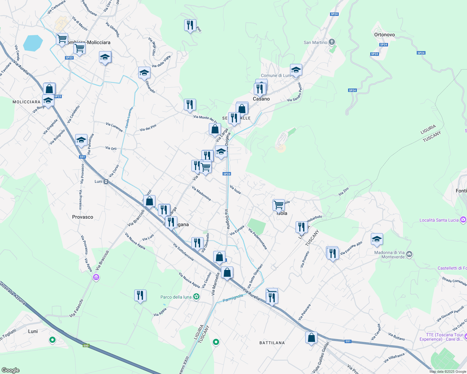 map of restaurants, bars, coffee shops, grocery stores, and more near 1 Via Isola in Casano