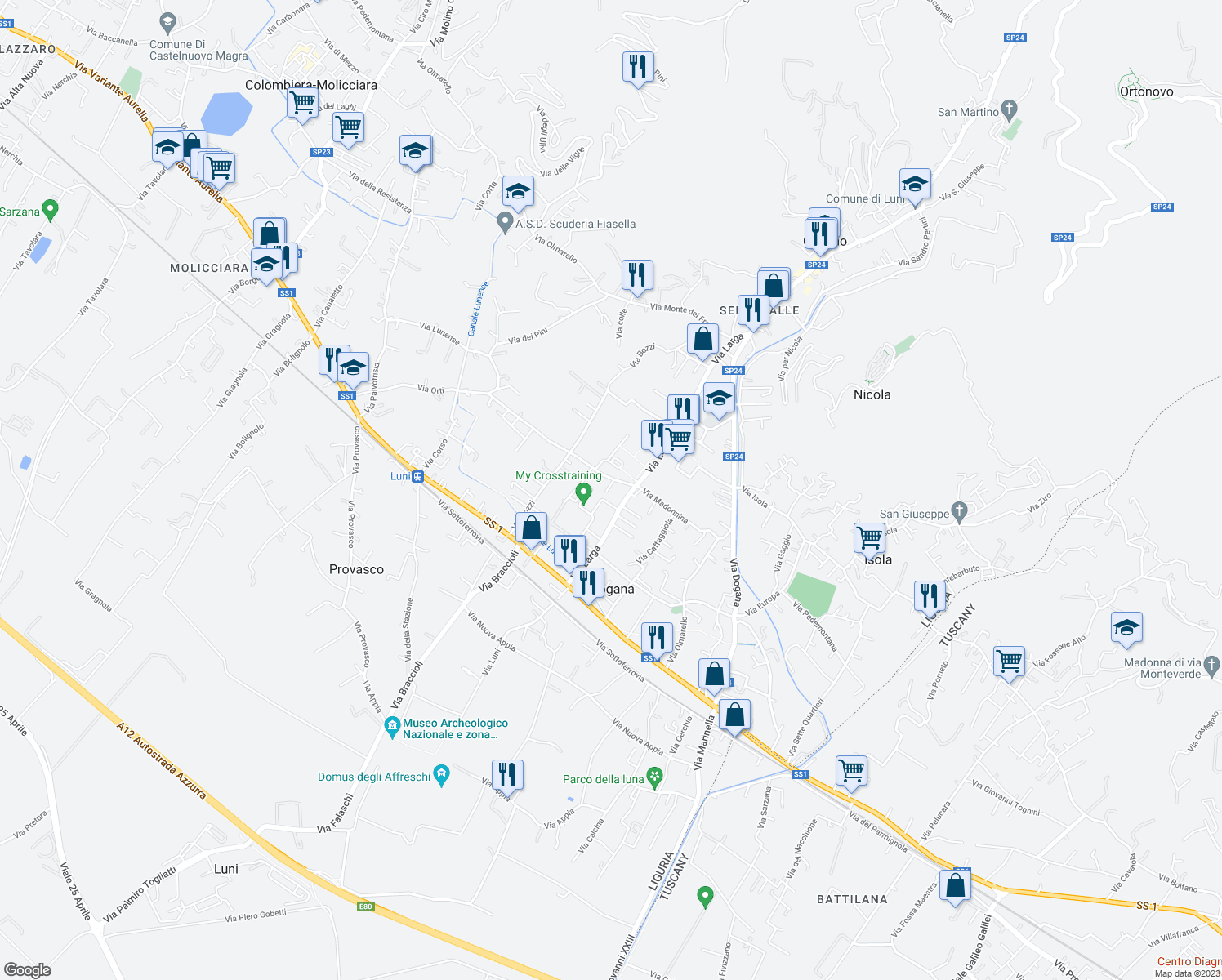 map of restaurants, bars, coffee shops, grocery stores, and more near 65 Via Madonnina in Casano