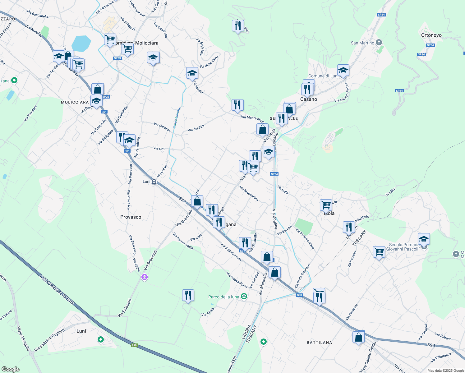 map of restaurants, bars, coffee shops, grocery stores, and more near 57 Via Madonnina in Casano