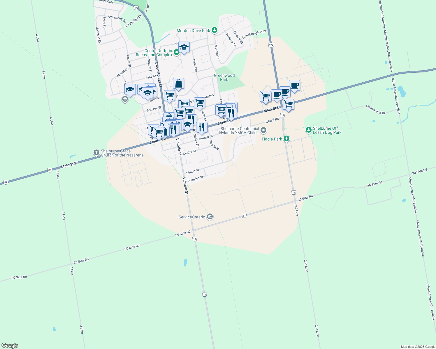 map of restaurants, bars, coffee shops, grocery stores, and more near 211 Franklyn Street in Shelburne