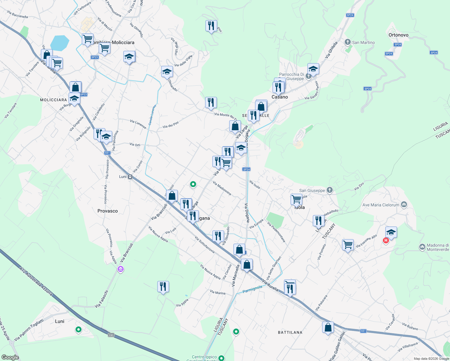 map of restaurants, bars, coffee shops, grocery stores, and more near 47 Via Madonnina in Casano-dogana-isola