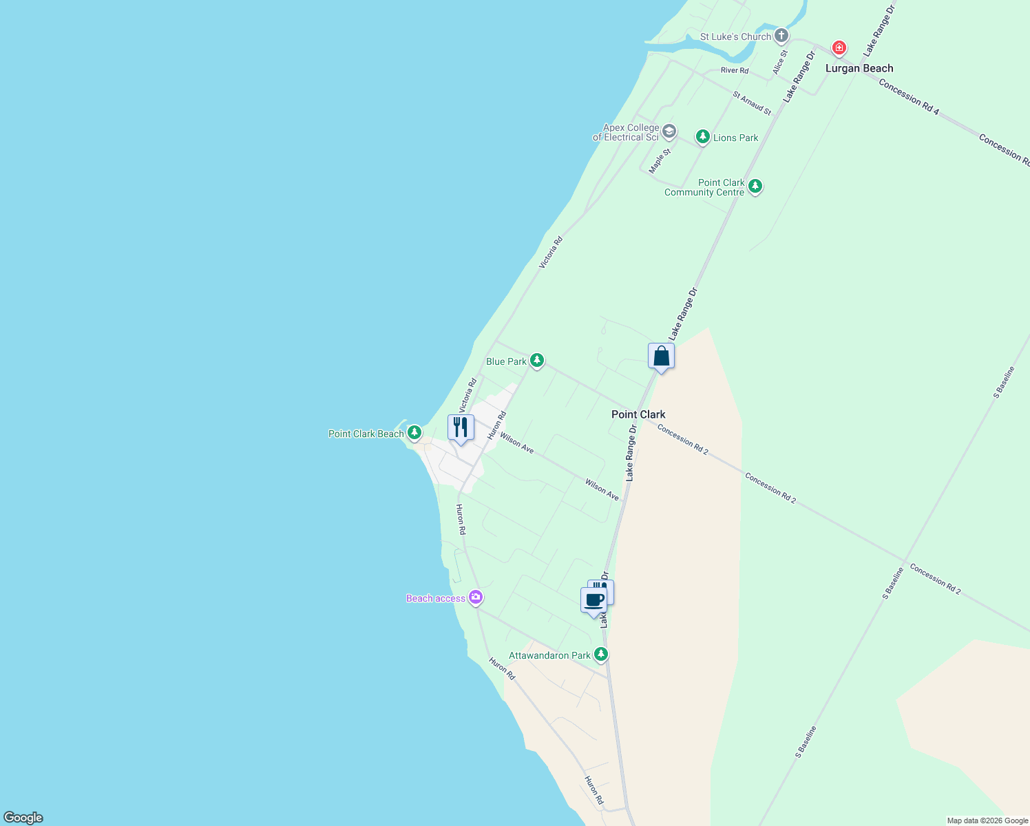 map of restaurants, bars, coffee shops, grocery stores, and more near 284 Huron Road in Ripley