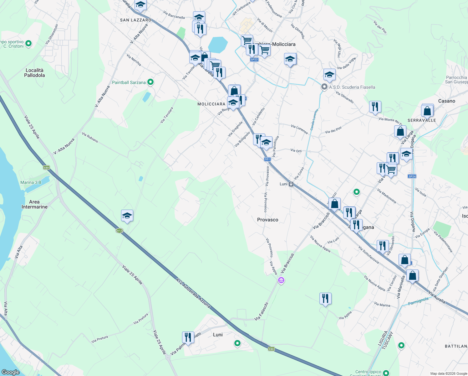 map of restaurants, bars, coffee shops, grocery stores, and more near 39 Via Bolignolo in Colombiera-molicciara