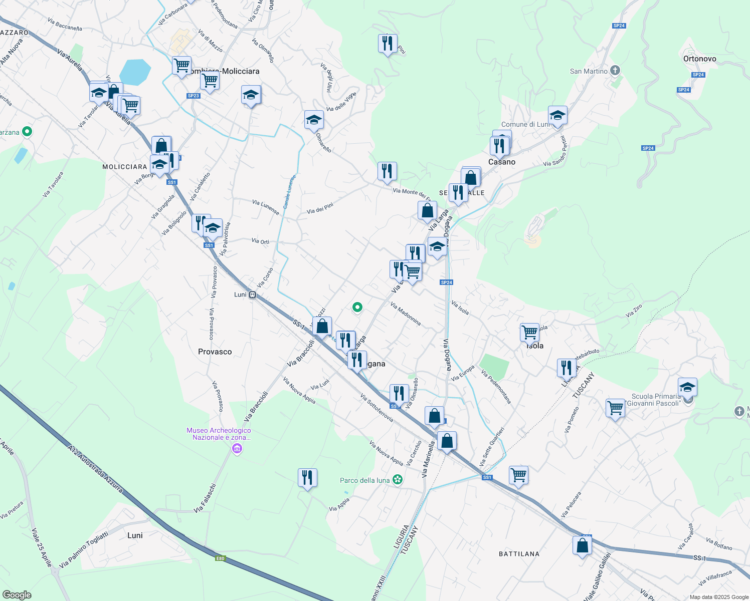map of restaurants, bars, coffee shops, grocery stores, and more near 57 Via Madonnina in Casano