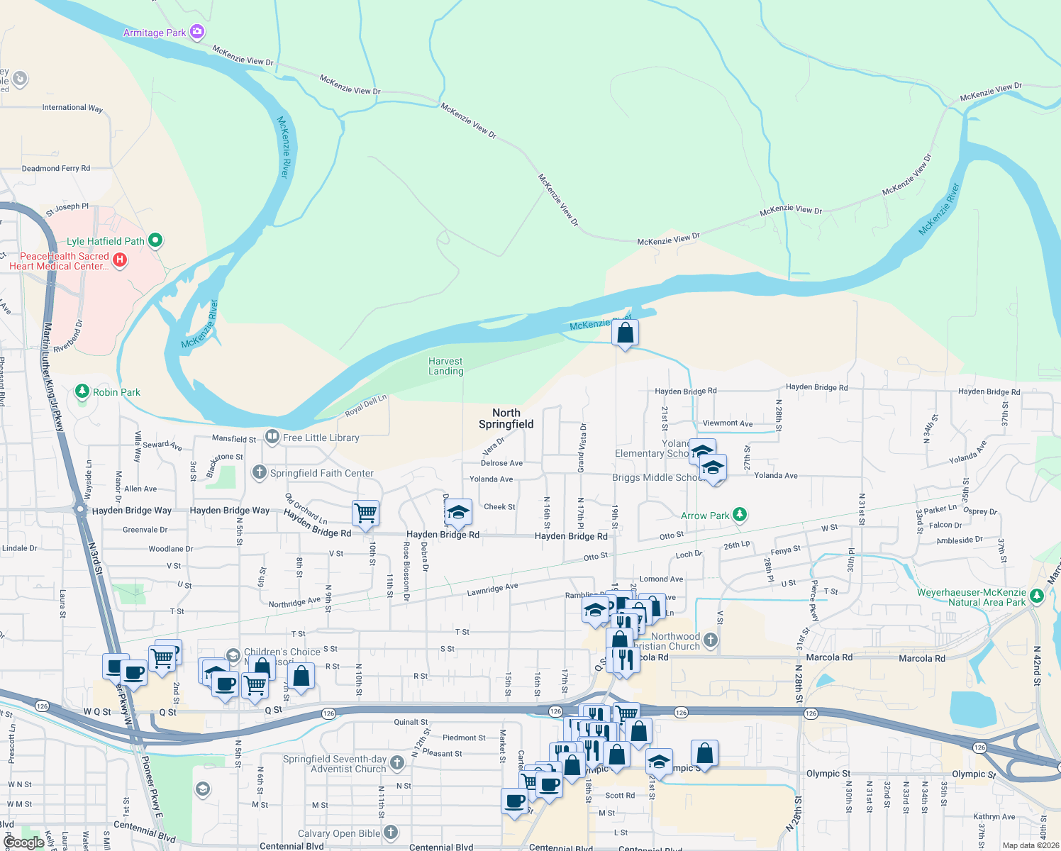 map of restaurants, bars, coffee shops, grocery stores, and more near 1519 Vera Dr in Springfield