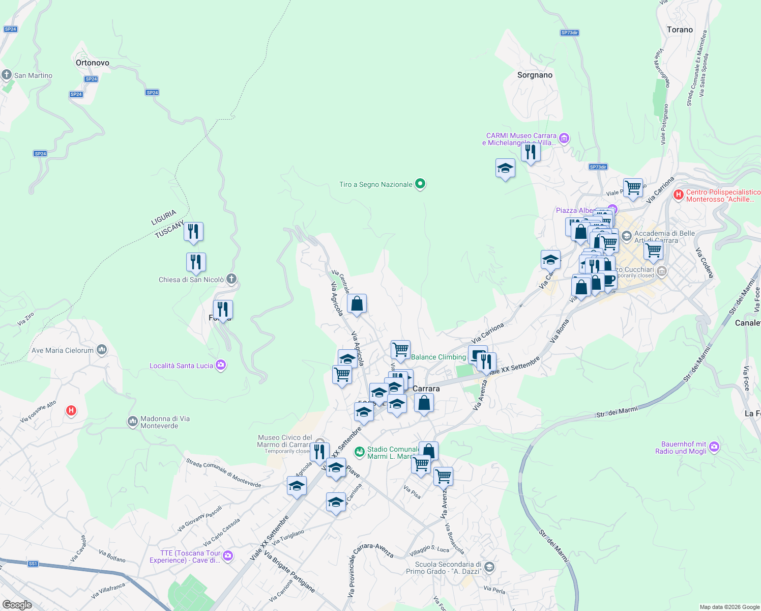 map of restaurants, bars, coffee shops, grocery stores, and more near 65 Via Montebello in Carrara