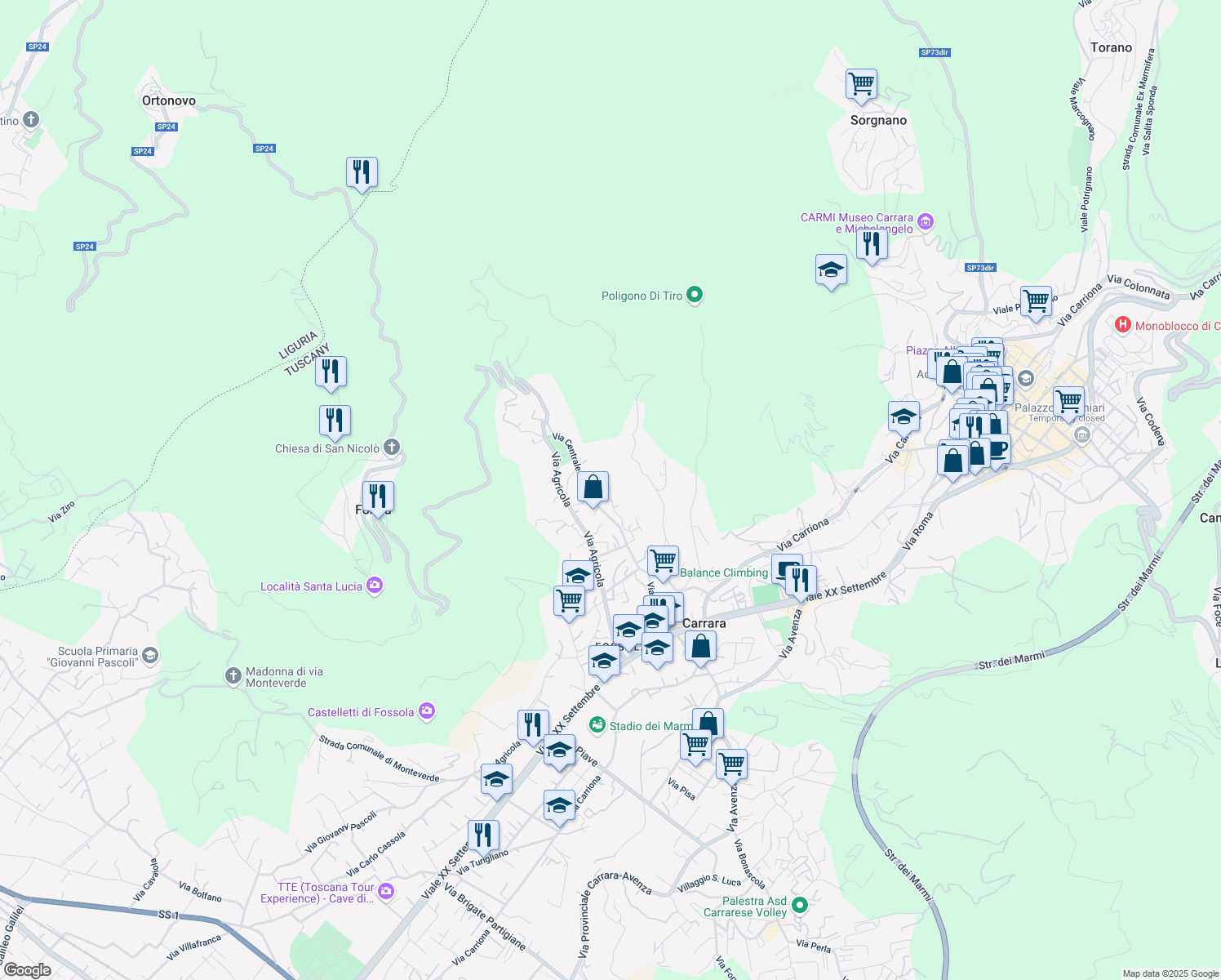map of restaurants, bars, coffee shops, grocery stores, and more near 12 Via Montebello in Carrara