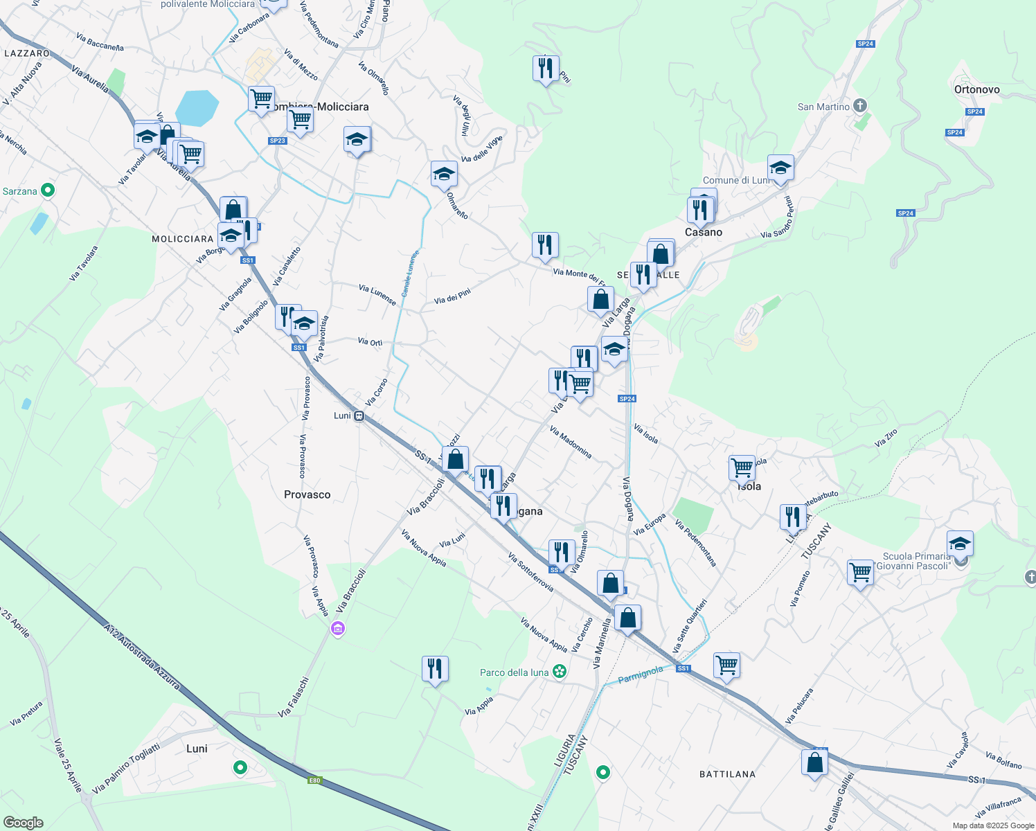map of restaurants, bars, coffee shops, grocery stores, and more near 65 Via Madonnina in Casano