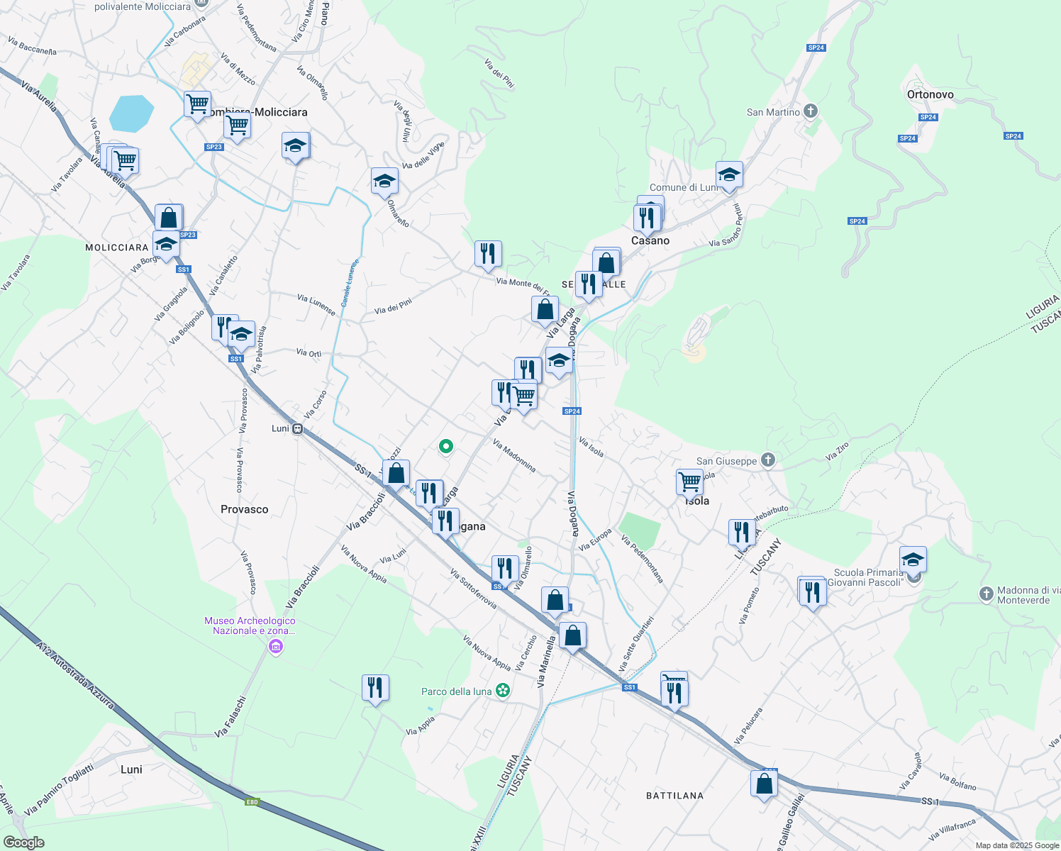 map of restaurants, bars, coffee shops, grocery stores, and more near 3 Via Pisa in Casano