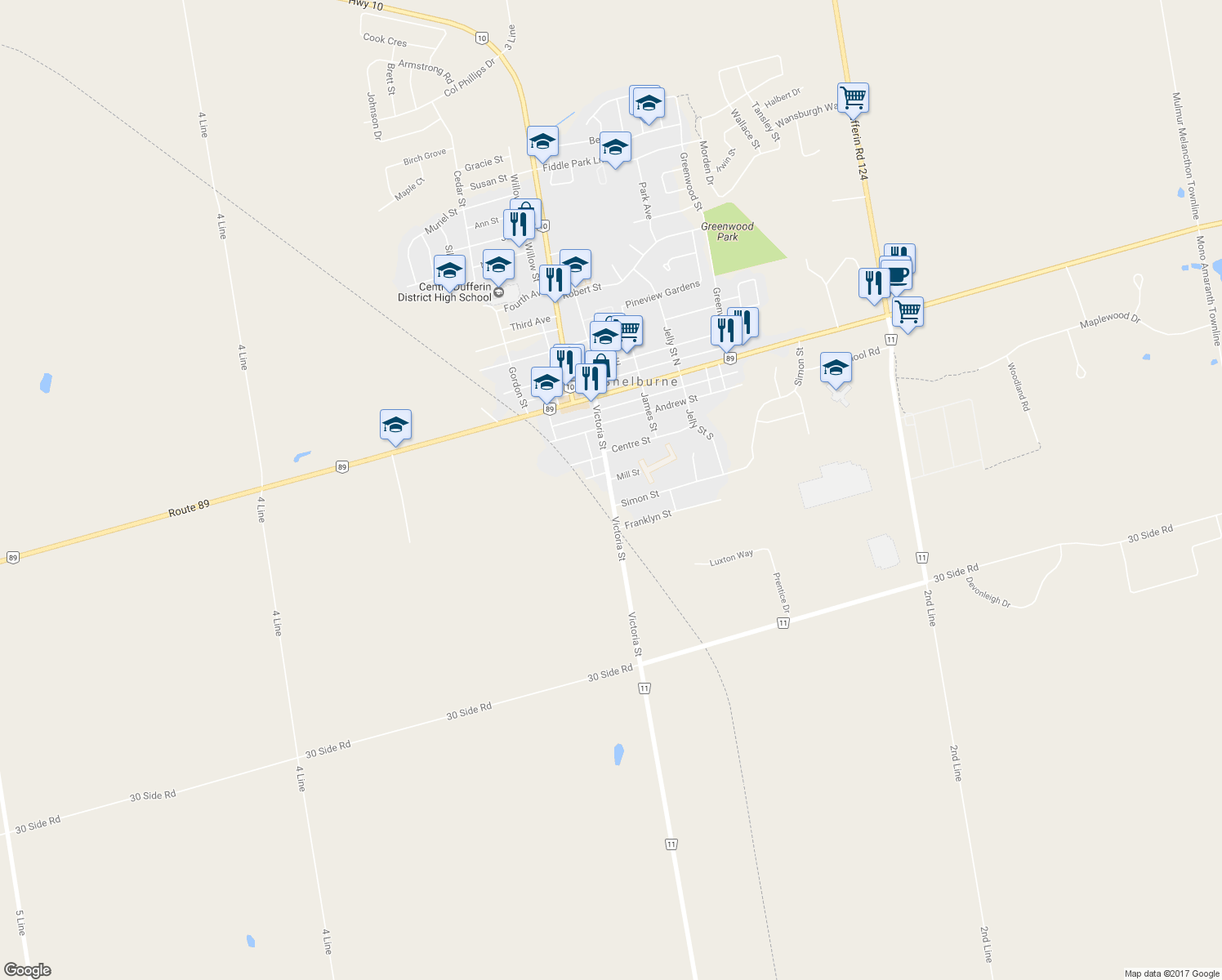 map of restaurants, bars, coffee shops, grocery stores, and more near 421 Victoria Street in Shelburne