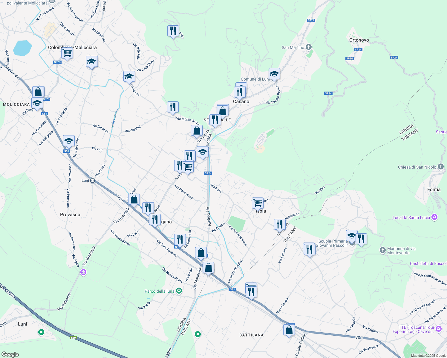 map of restaurants, bars, coffee shops, grocery stores, and more near 22 Via Fornace in Casano