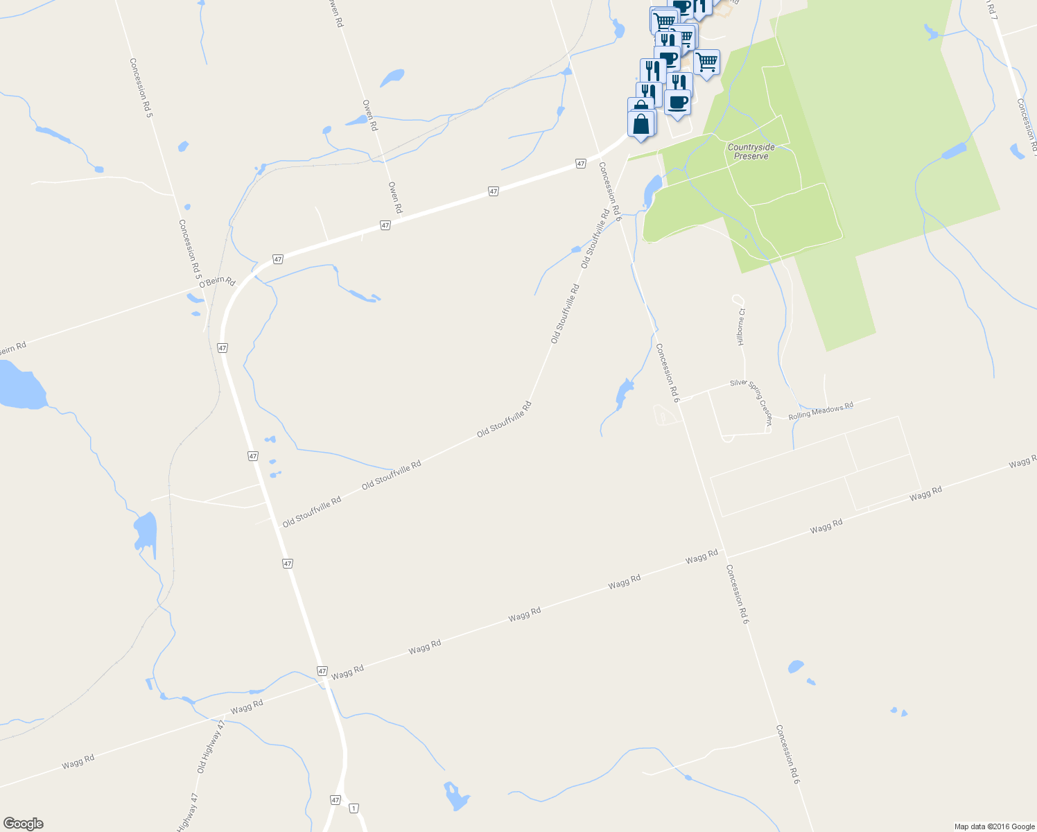 map of restaurants, bars, coffee shops, grocery stores, and more near 553 Old Stouffville Road in Uxbridge