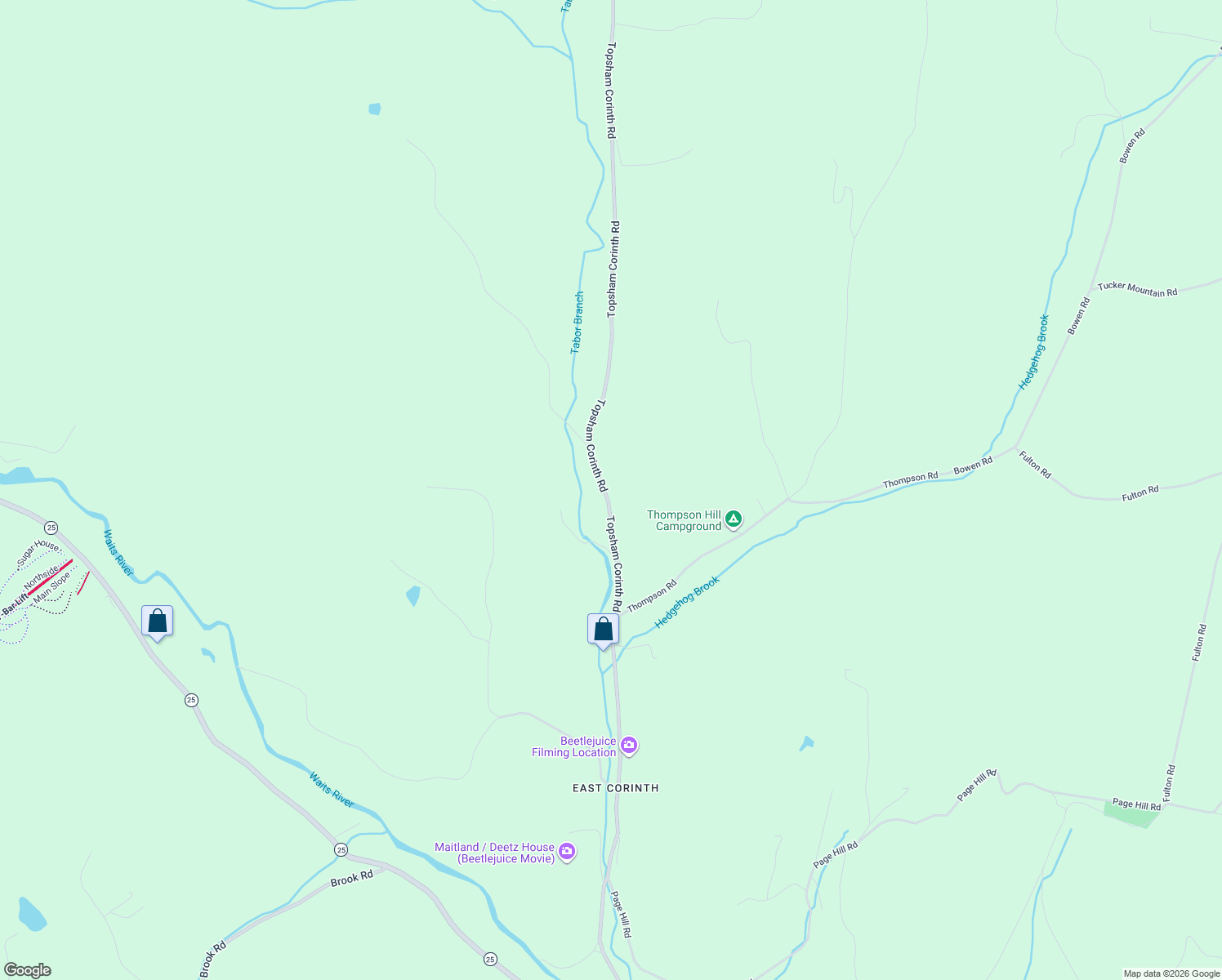 map of restaurants, bars, coffee shops, grocery stores, and more near 34 Topsham Corinth Road in Topsham
