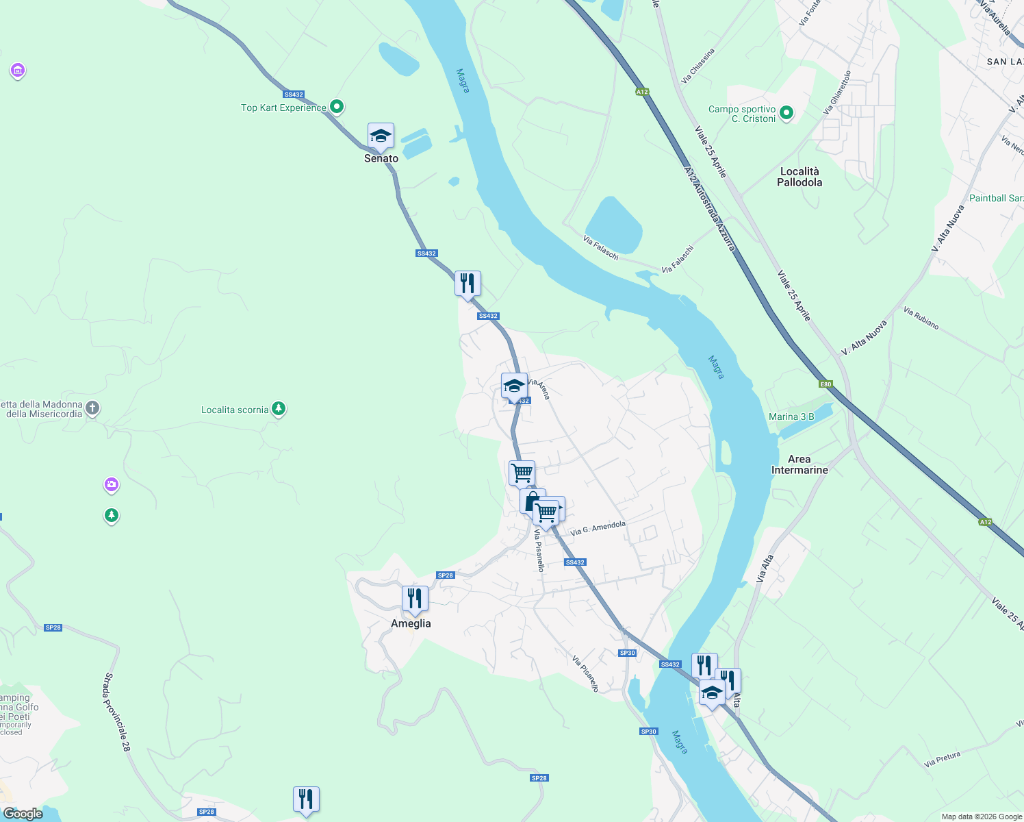 map of restaurants, bars, coffee shops, grocery stores, and more near Strada Statale 432 in Ameglia
