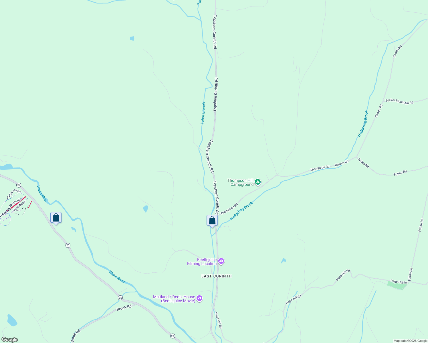 map of restaurants, bars, coffee shops, grocery stores, and more near 34 Topsham Corinth Road in Topsham