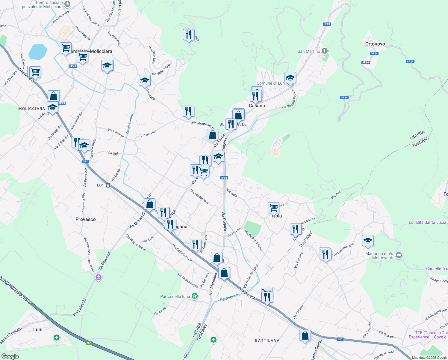 map of restaurants, bars, coffee shops, grocery stores, and more near 219 Via Dogana in Casano