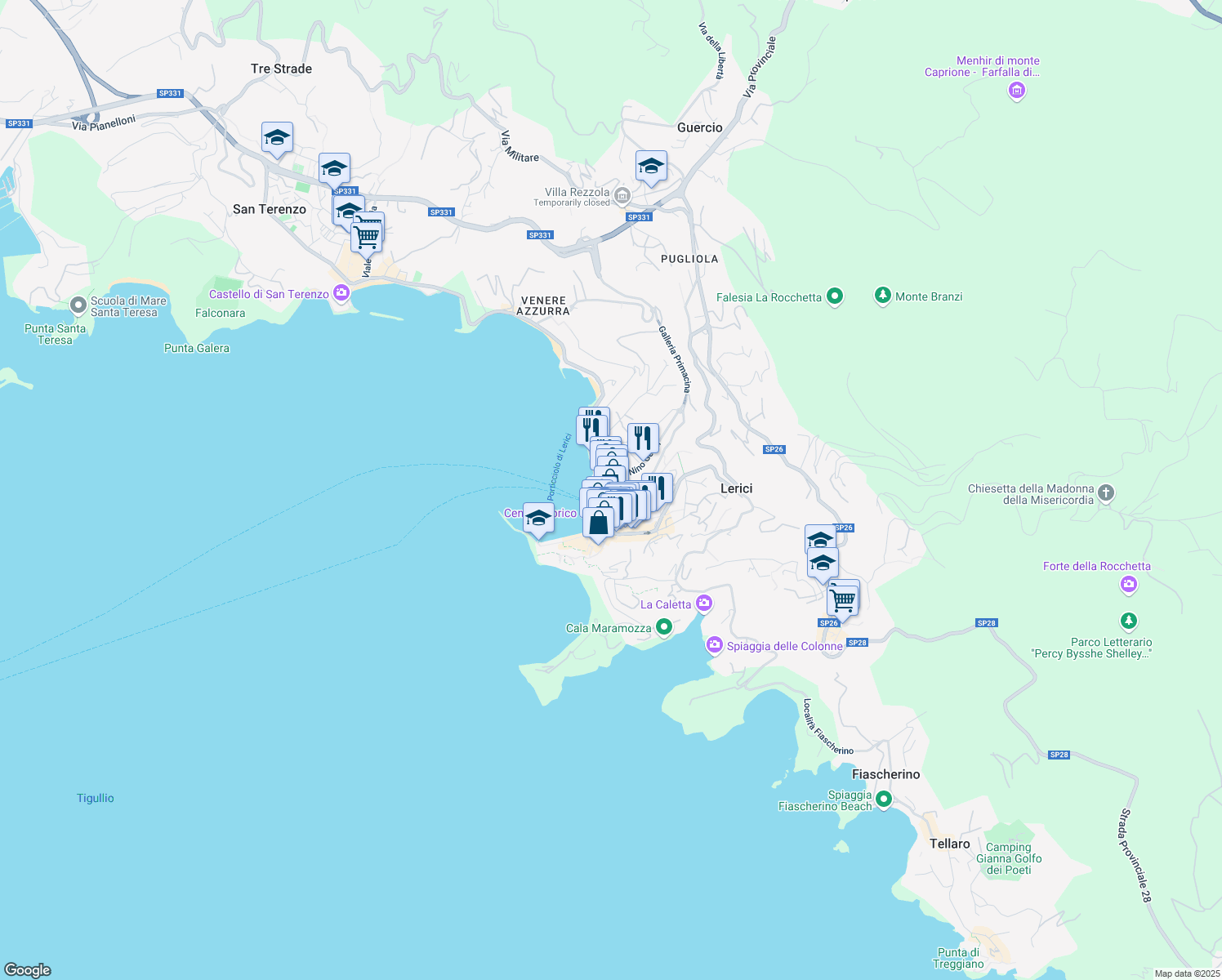 map of restaurants, bars, coffee shops, grocery stores, and more near 43 Via Roma in Lerici