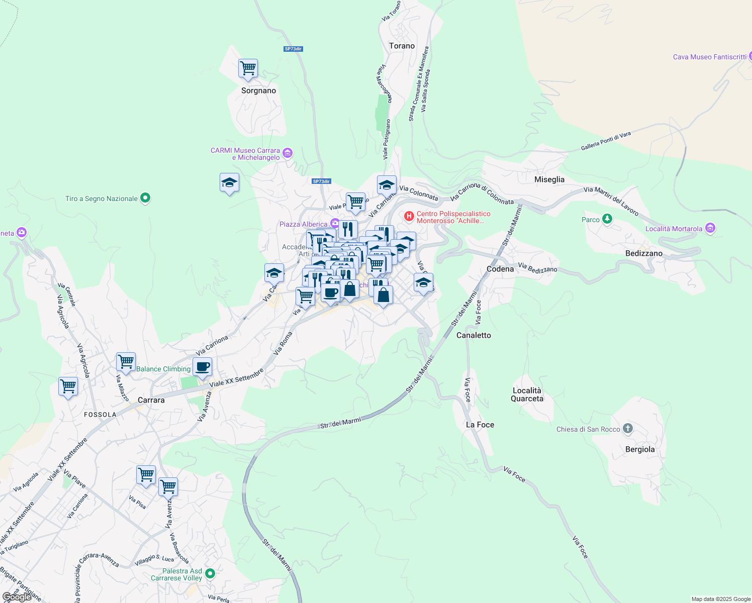 map of restaurants, bars, coffee shops, grocery stores, and more near 3 Via del Cavatore in Carrara