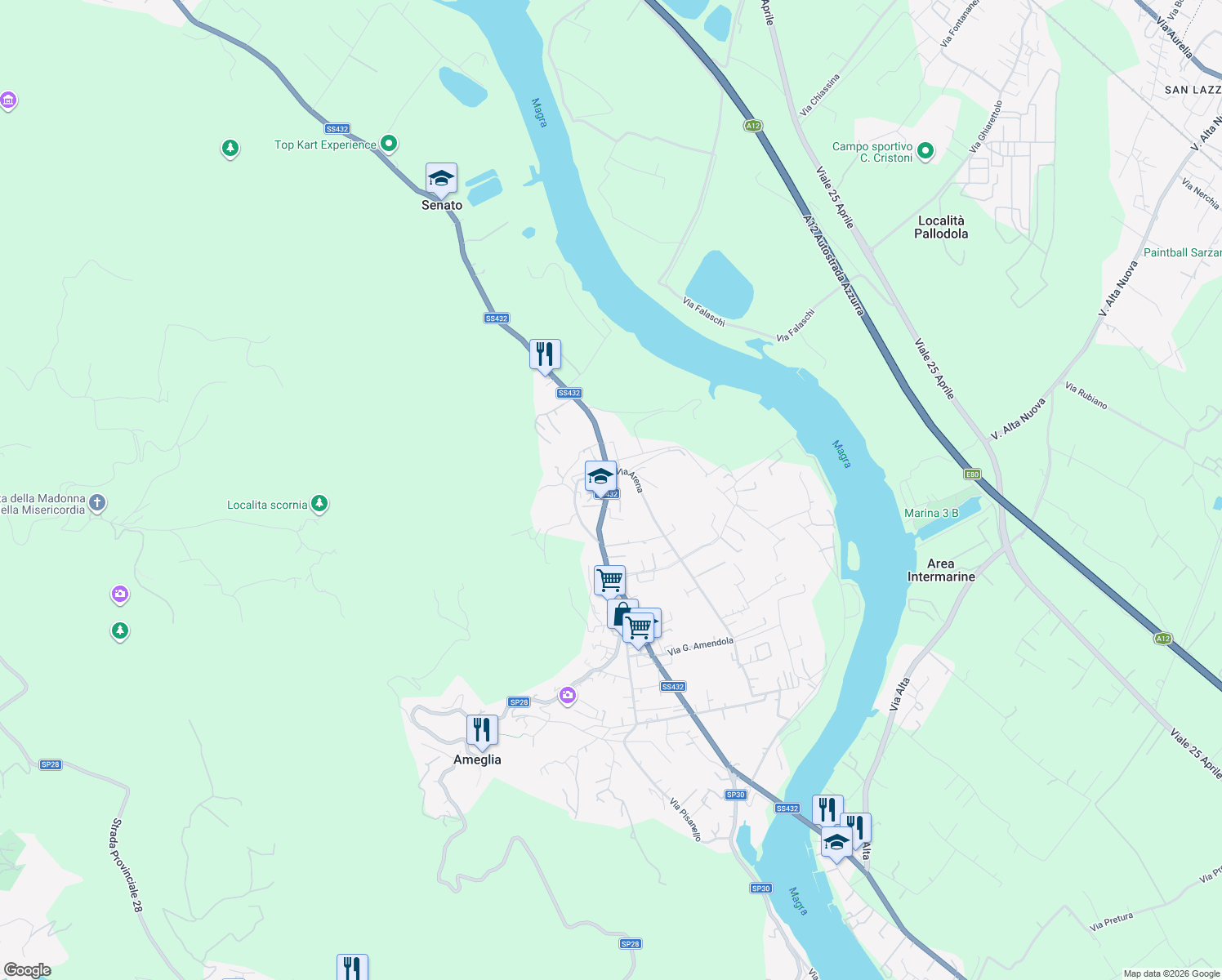 map of restaurants, bars, coffee shops, grocery stores, and more near 157 Via Camisano in Ameglia