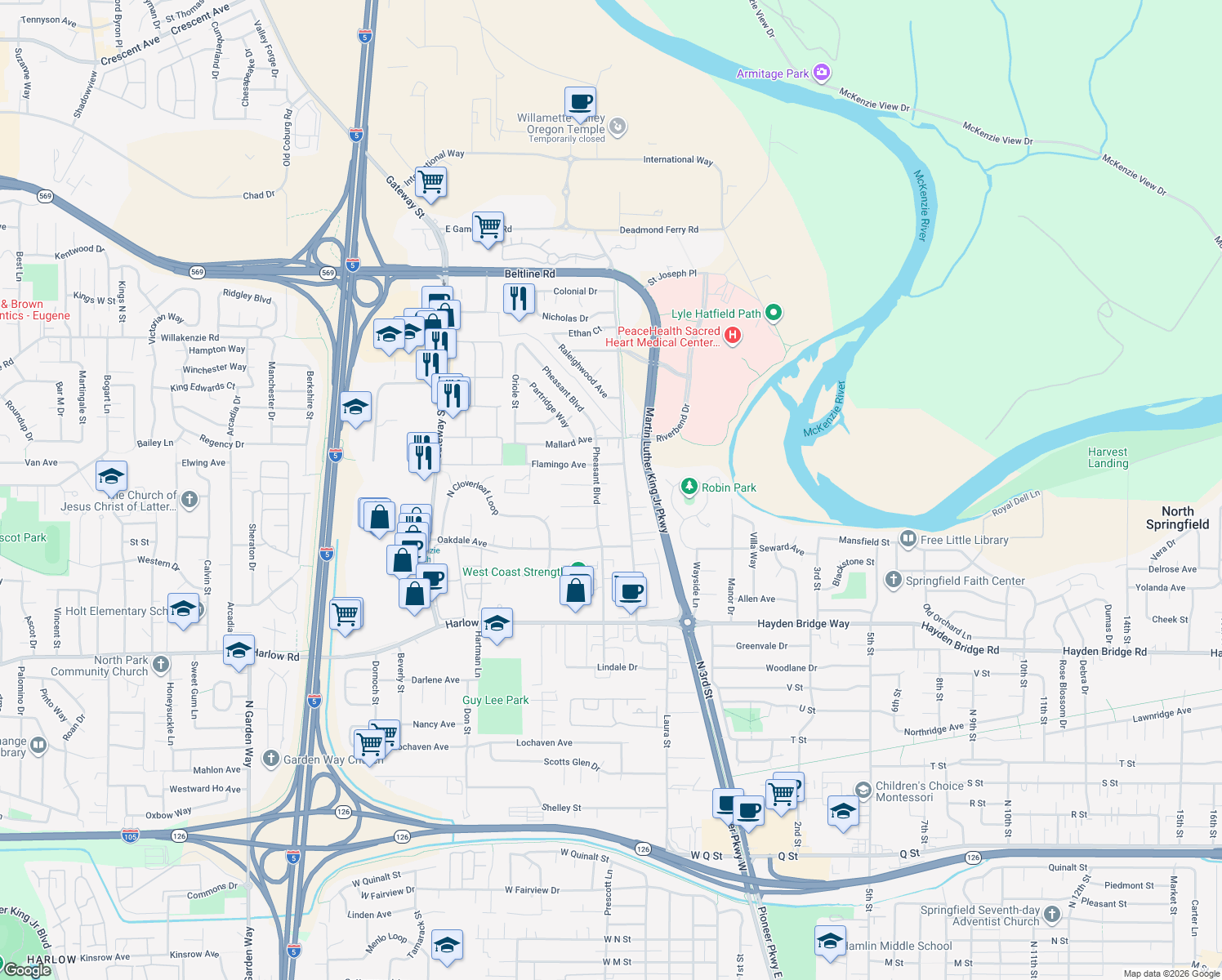 map of restaurants, bars, coffee shops, grocery stores, and more near 475 Pinedale Avenue in Springfield