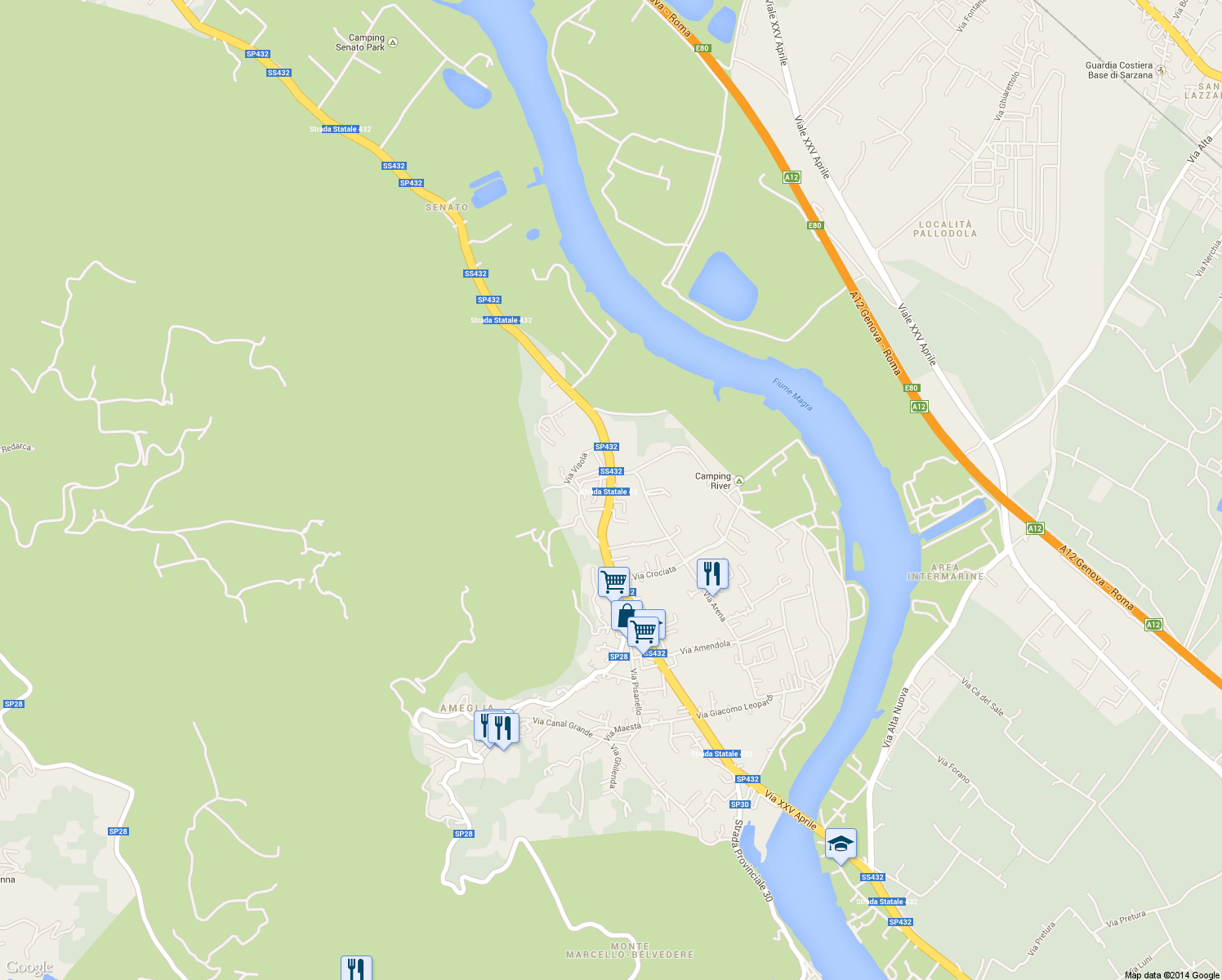 map of restaurants, bars, coffee shops, grocery stores, and more near Strada Statale 432 in Province of La Spezia