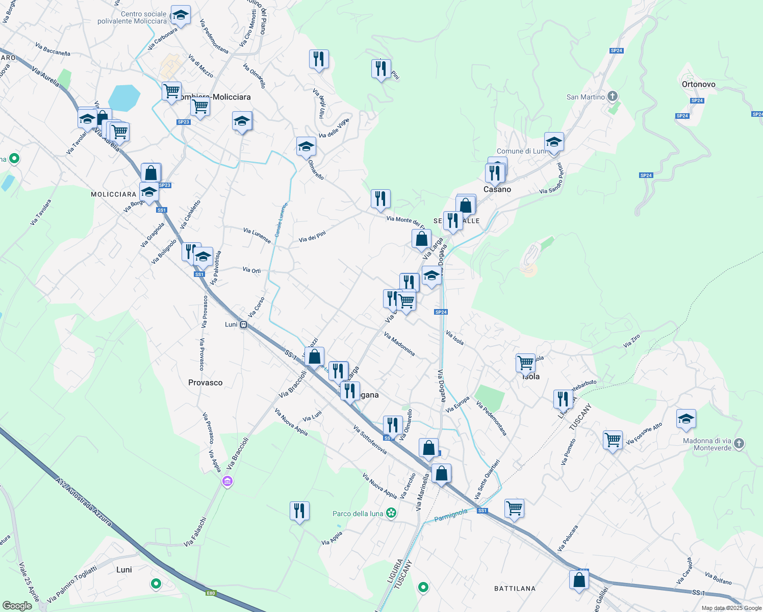 map of restaurants, bars, coffee shops, grocery stores, and more near 9 Via Parma in Casano