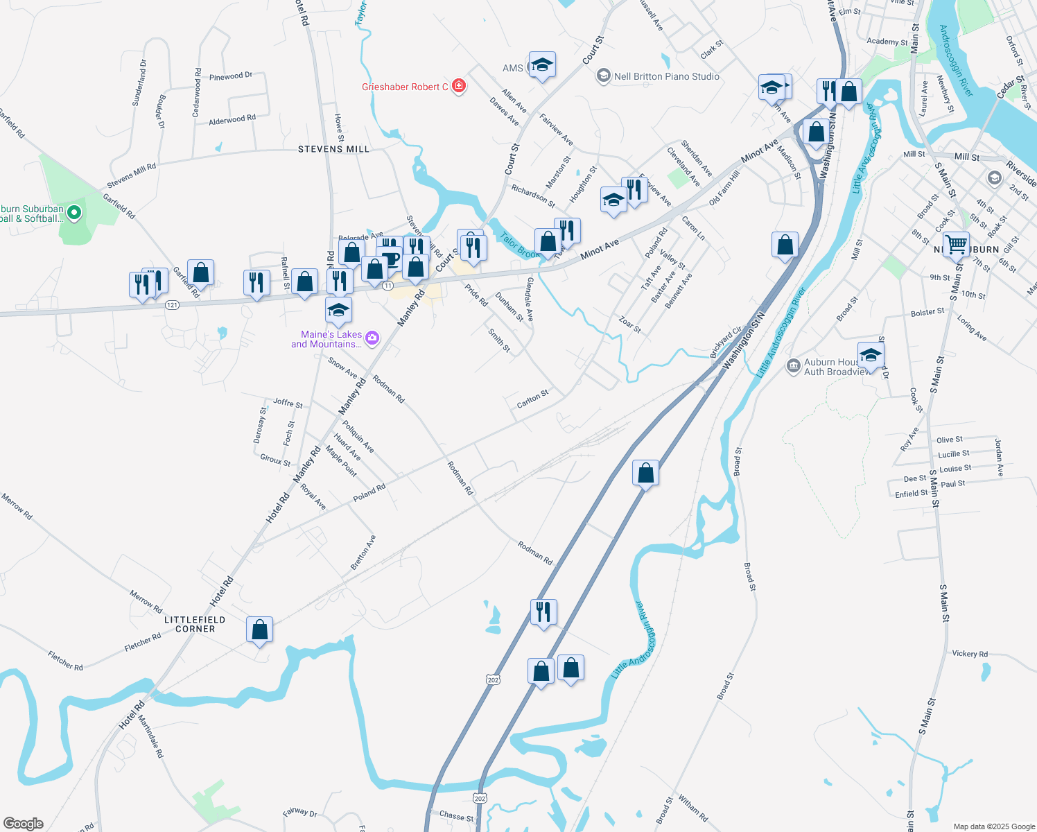 map of restaurants, bars, coffee shops, grocery stores, and more near 355 Poland Road in Auburn