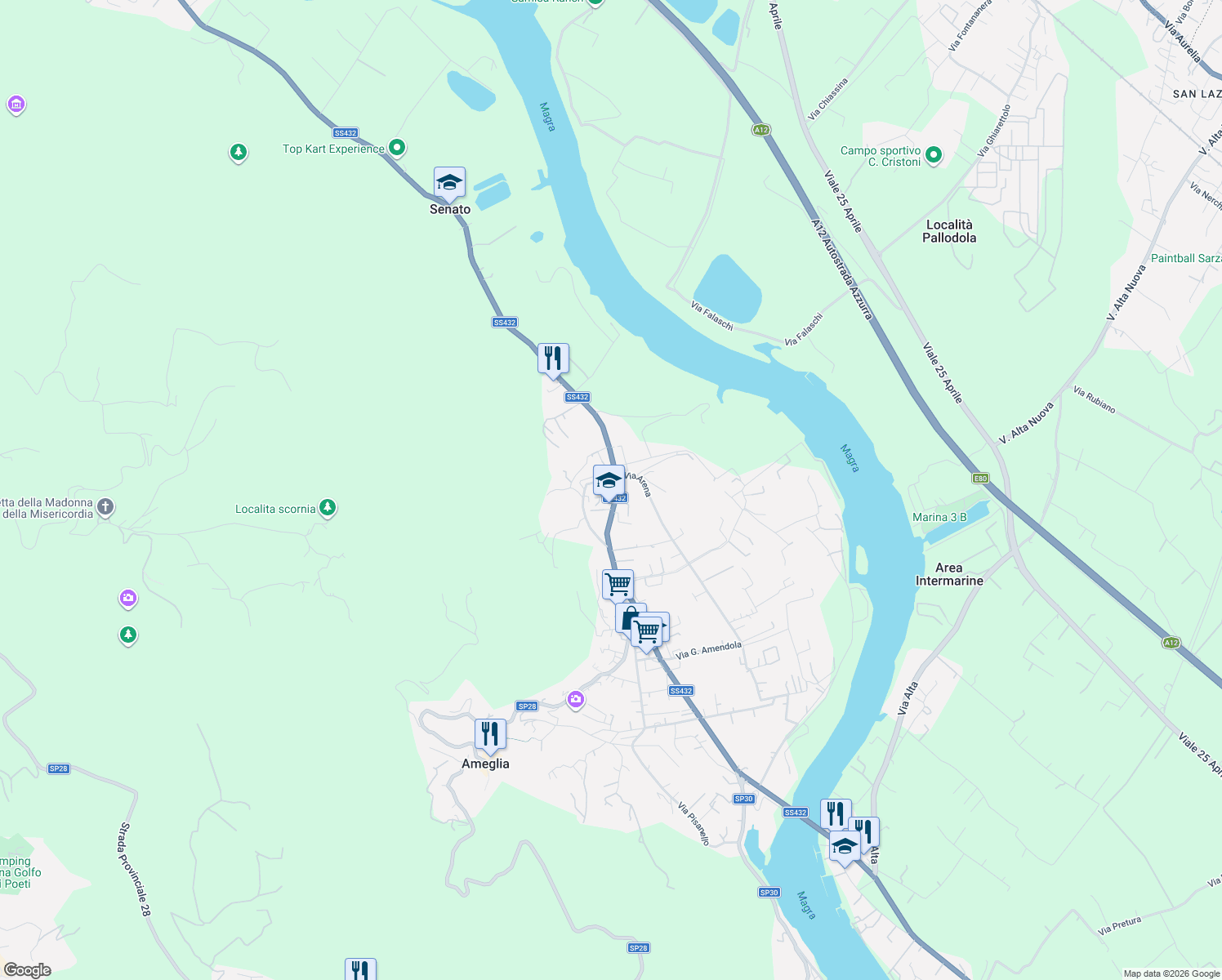 map of restaurants, bars, coffee shops, grocery stores, and more near 157 Via Camisano in Ameglia