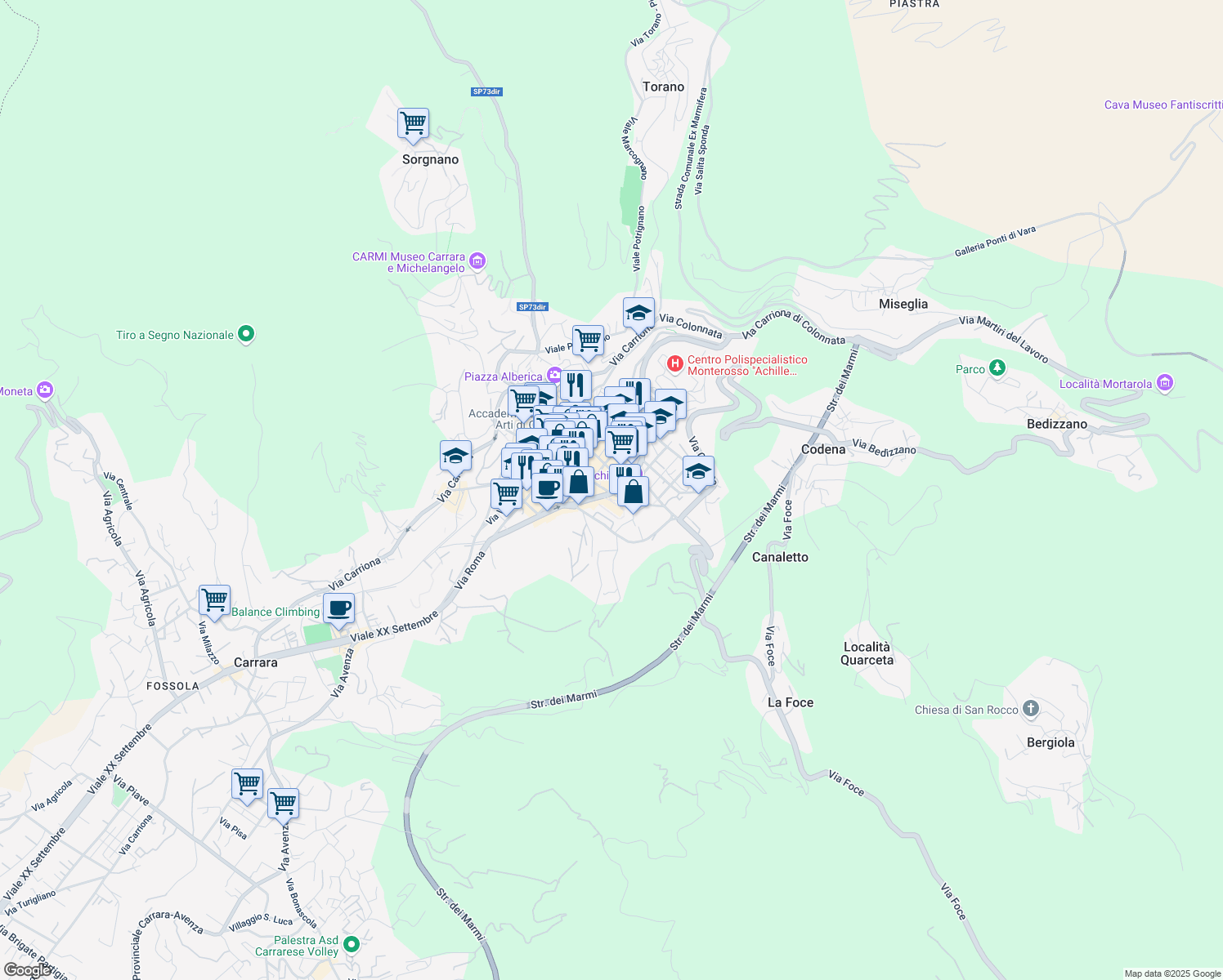 map of restaurants, bars, coffee shops, grocery stores, and more near 3 Via del Cavatore in Carrara