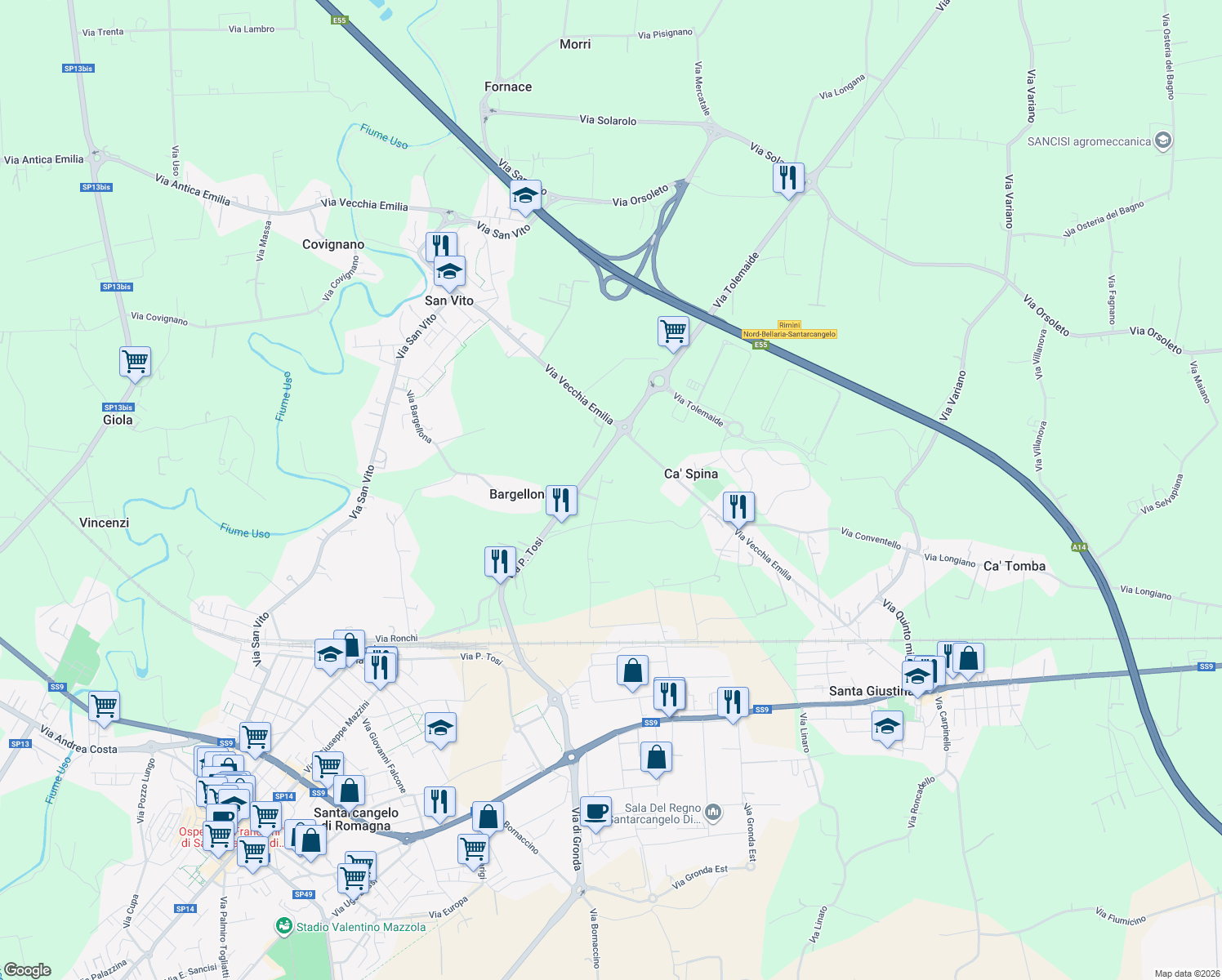 map of restaurants, bars, coffee shops, grocery stores, and more near 180b Via del Duro in Provincia di Rimini