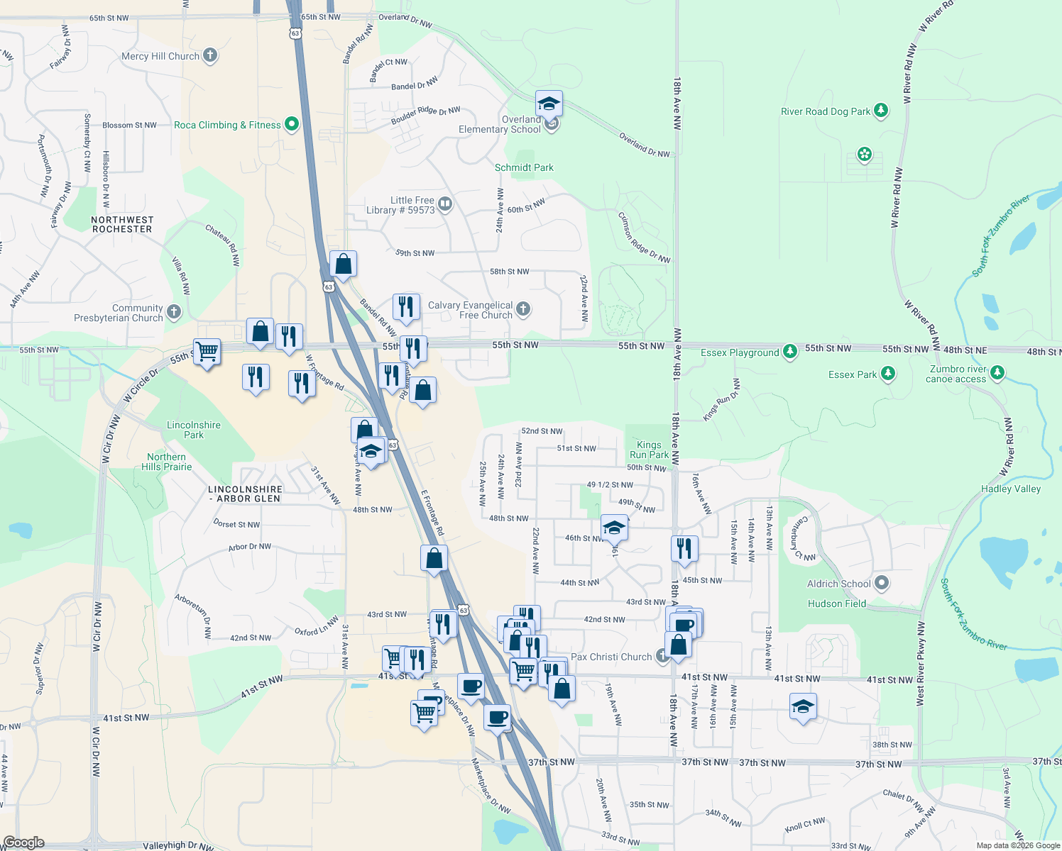 map of restaurants, bars, coffee shops, grocery stores, and more near 2227 52nd St NW in Rochester