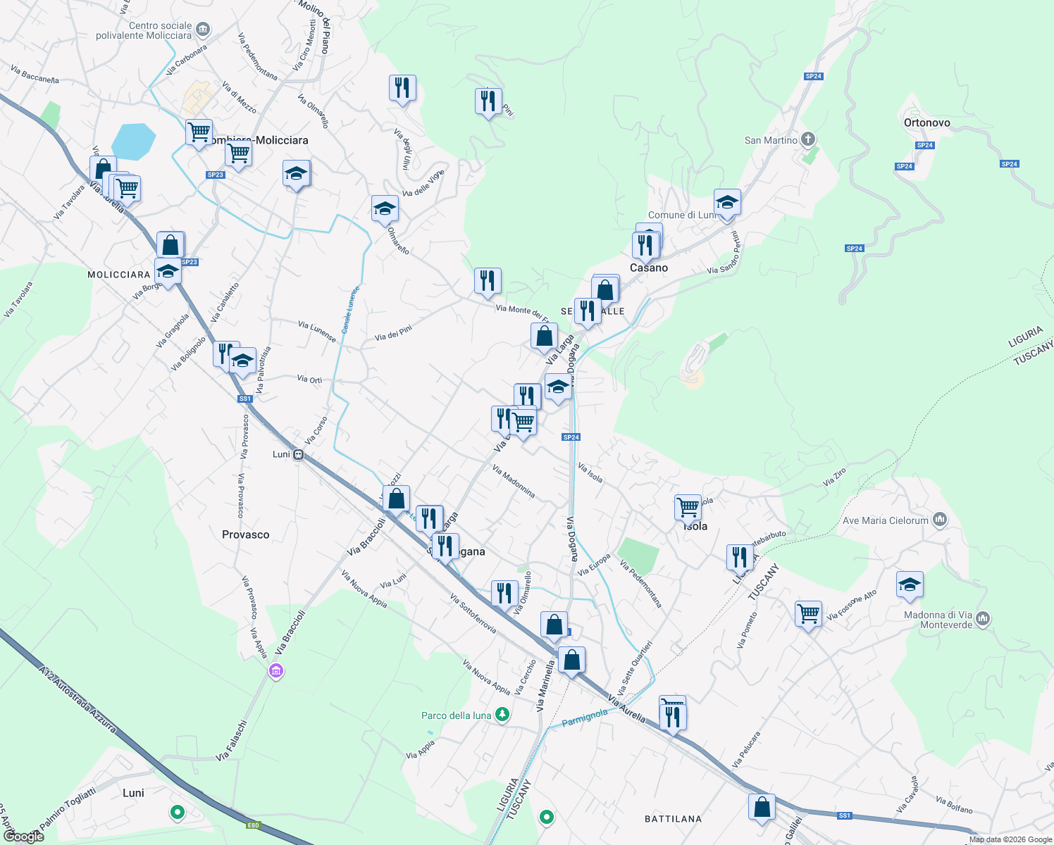 map of restaurants, bars, coffee shops, grocery stores, and more near 6 Via Firenze in Casano-dogana-isola