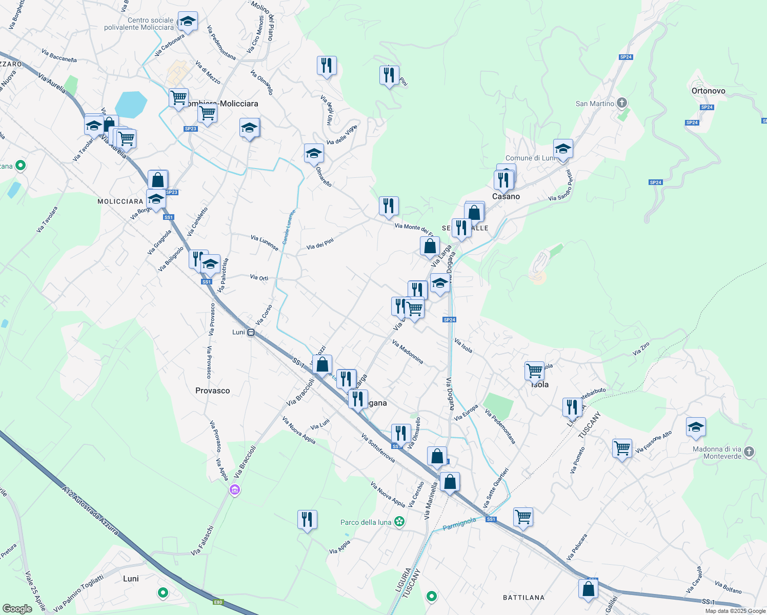 map of restaurants, bars, coffee shops, grocery stores, and more near 9 Via Parma in Casano