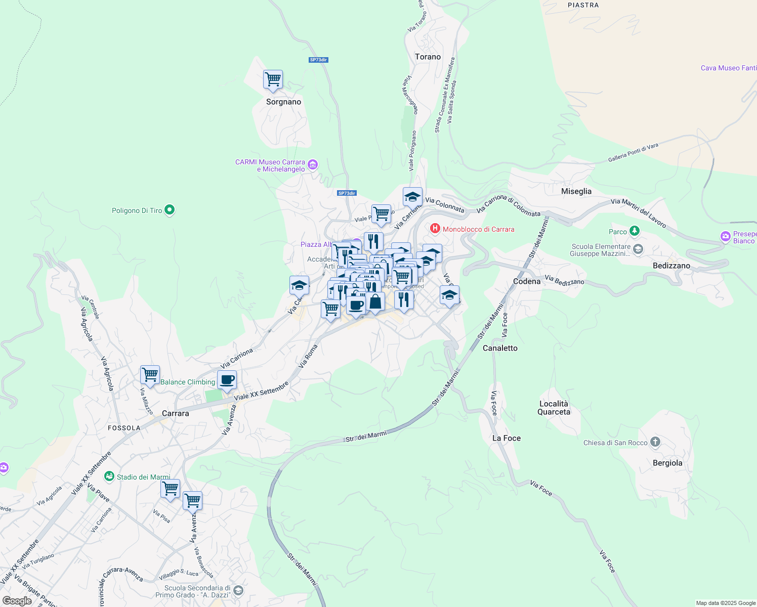 map of restaurants, bars, coffee shops, grocery stores, and more near Via A. Ceci in Carrara