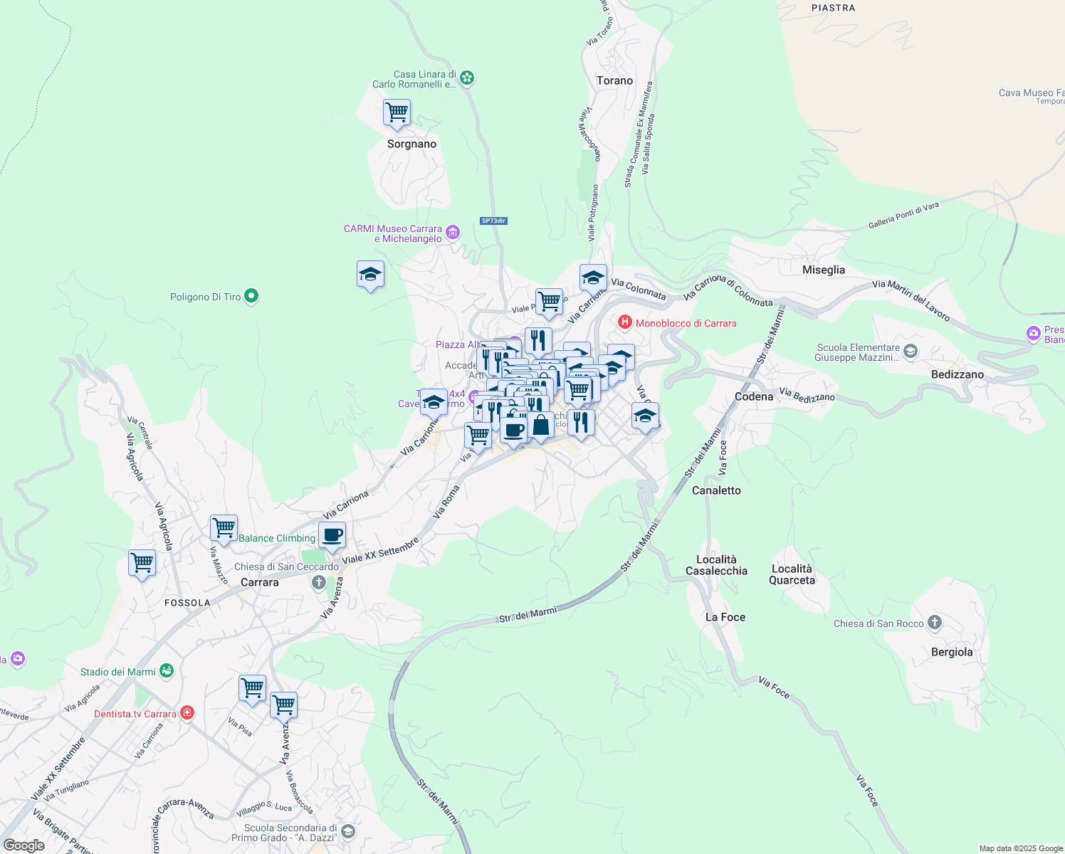 map of restaurants, bars, coffee shops, grocery stores, and more near Via Alfredo Ceci in Carrara