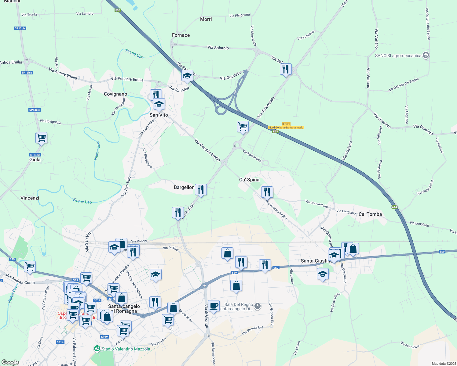 map of restaurants, bars, coffee shops, grocery stores, and more near 180b Via del Duro in Provincia di Rimini