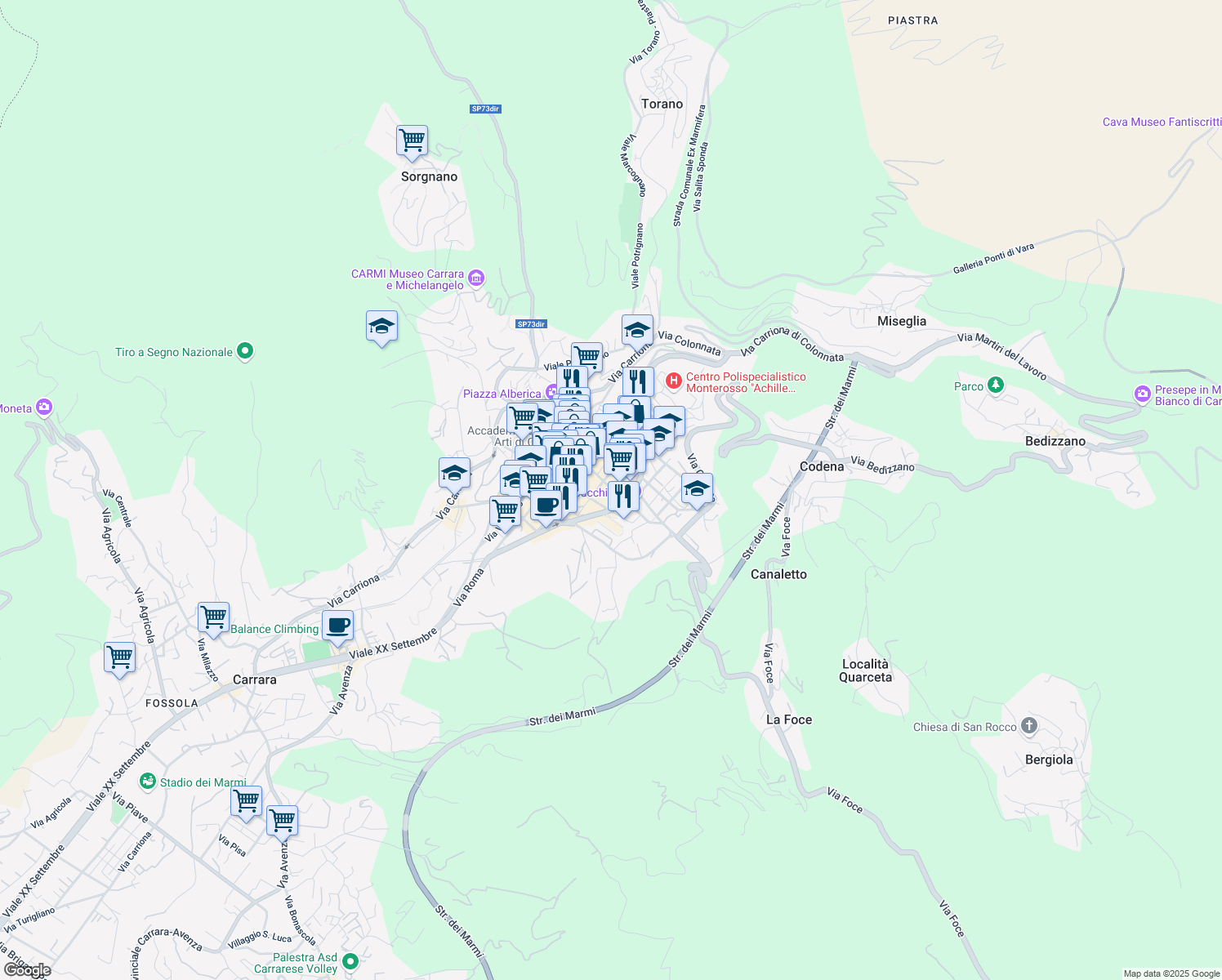 map of restaurants, bars, coffee shops, grocery stores, and more near 6D Via Diramazione per Carrara in Carrara