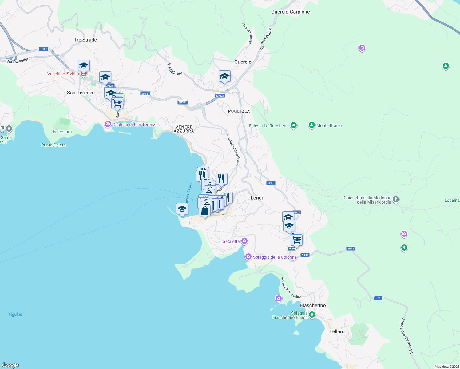 map of restaurants, bars, coffee shops, grocery stores, and more near 27 Via della Repubblica in Lerici