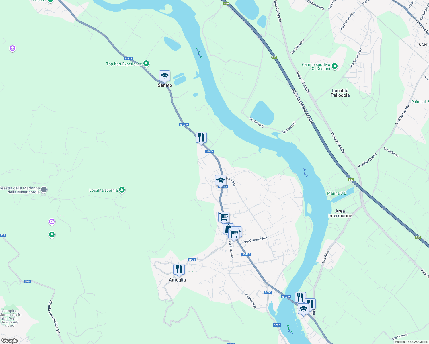 map of restaurants, bars, coffee shops, grocery stores, and more near 28 Via Visola in Ameglia