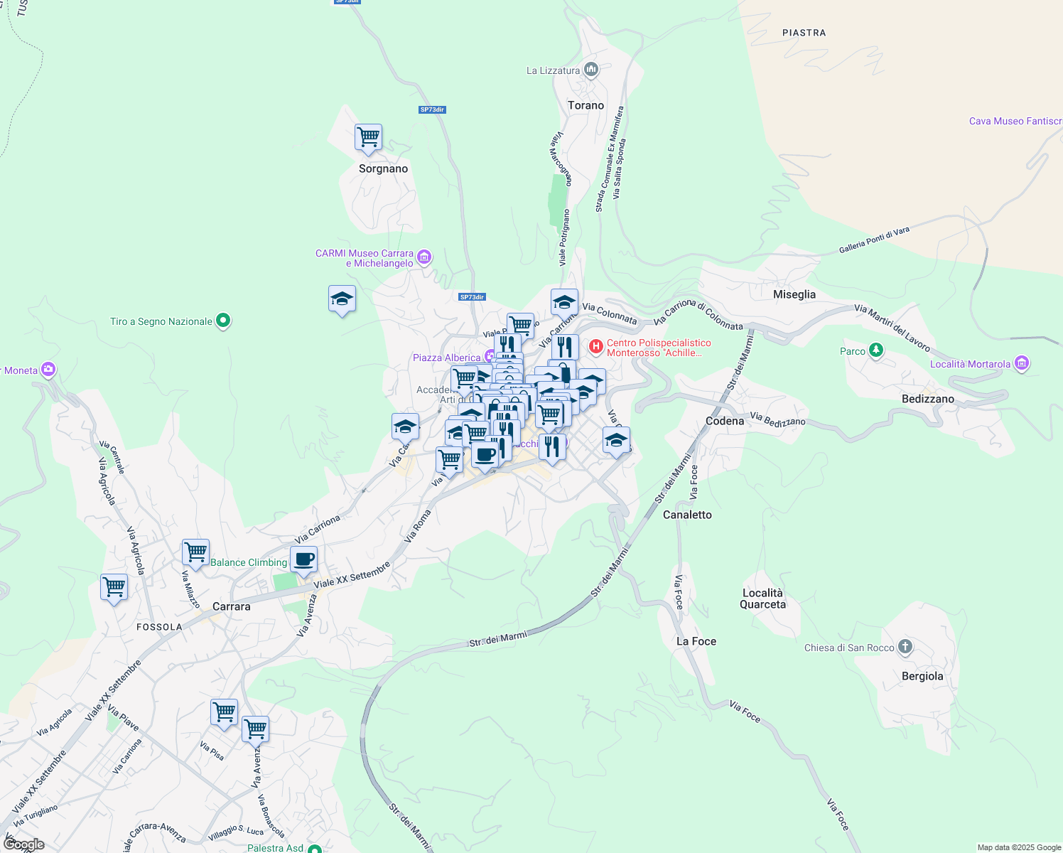 map of restaurants, bars, coffee shops, grocery stores, and more near 6D Via Diramazione per Carrara in Carrara