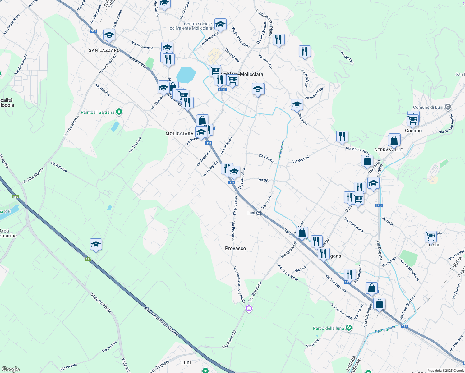 map of restaurants, bars, coffee shops, grocery stores, and more near 210 Via Aurelia in Colombiera-Molicciara