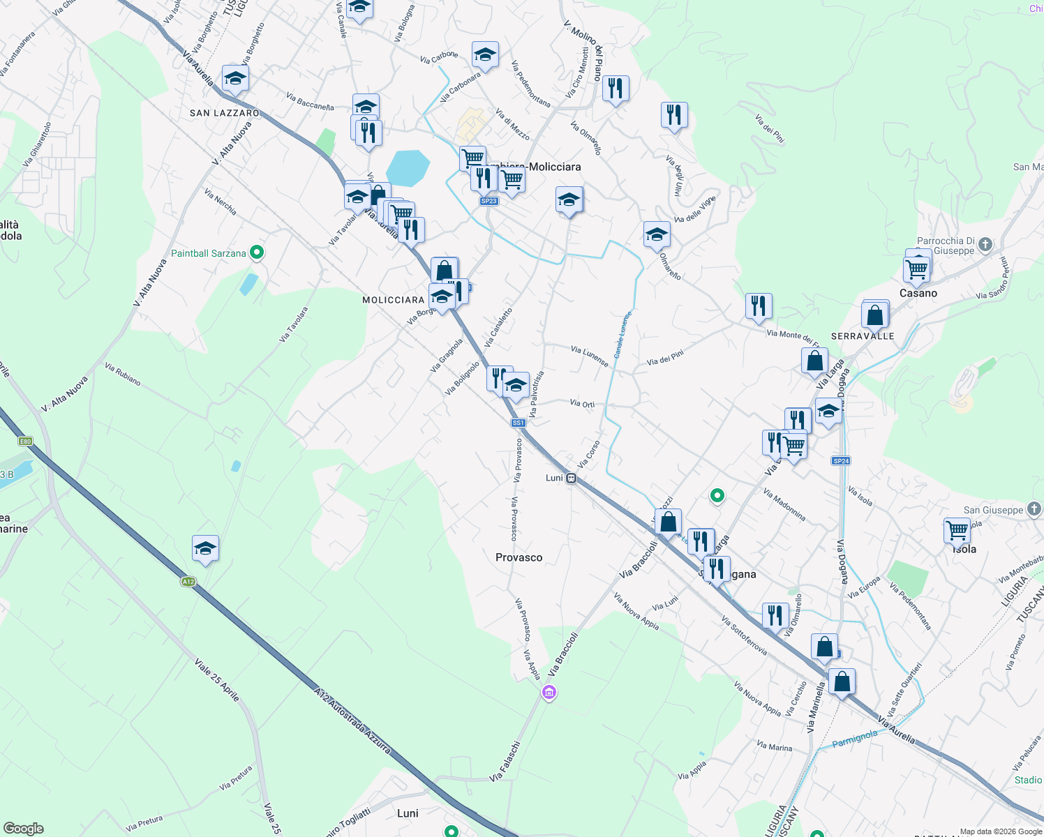 map of restaurants, bars, coffee shops, grocery stores, and more near 8B Via Palvotrisia in Colombiera-Molicciara