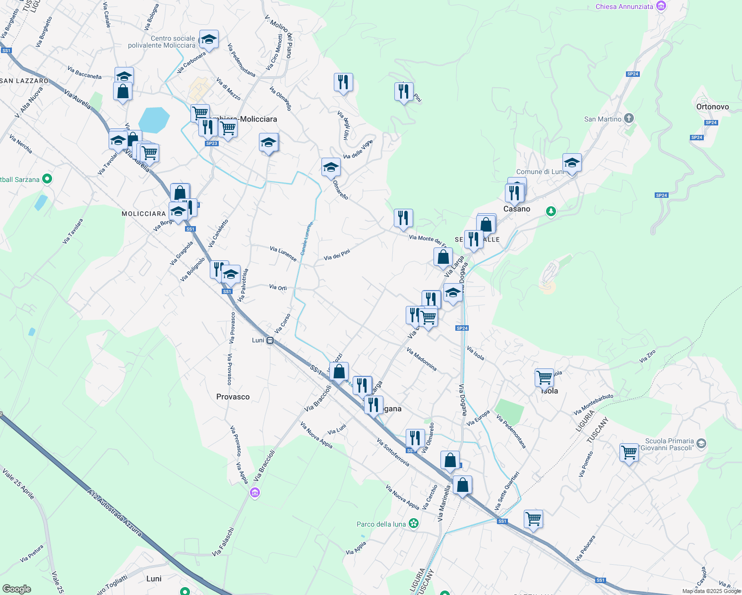 map of restaurants, bars, coffee shops, grocery stores, and more near 105 Via Bozzi in Casano